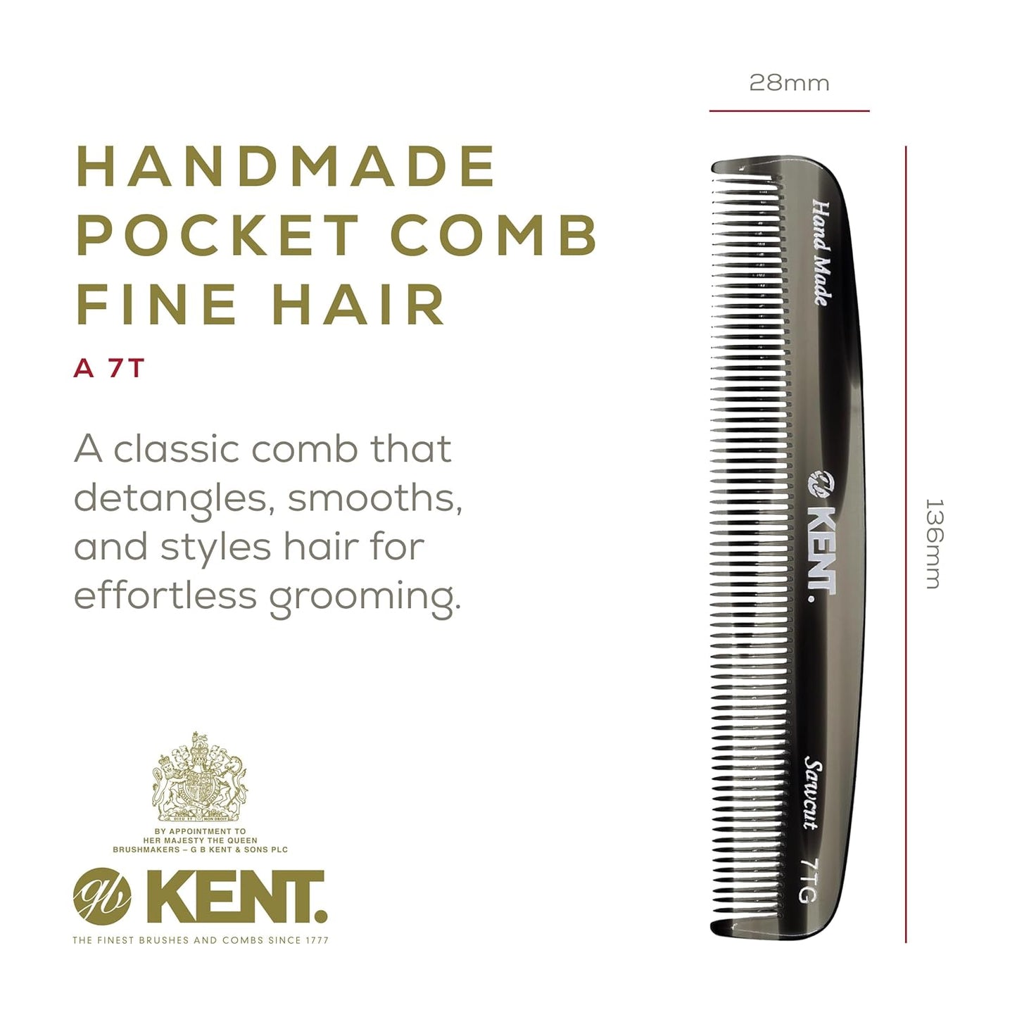 Kent 7T Black Graphite All Fine Tooth Pocket Comb for Men - Handmade Hair Comb for Men for Everyday Grooming and Styling - Travel Comb for Hair Care, Mustache and Beard Care, Saw Cut and Hand Polished