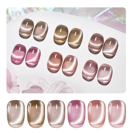 JODSONE 10ml Cat Eye Gel Nail Polish Set Pink Brown Collection 6 Colors for Holographic Glitter Cat Eye with Magnet at Home Salon Design Gift for Girls