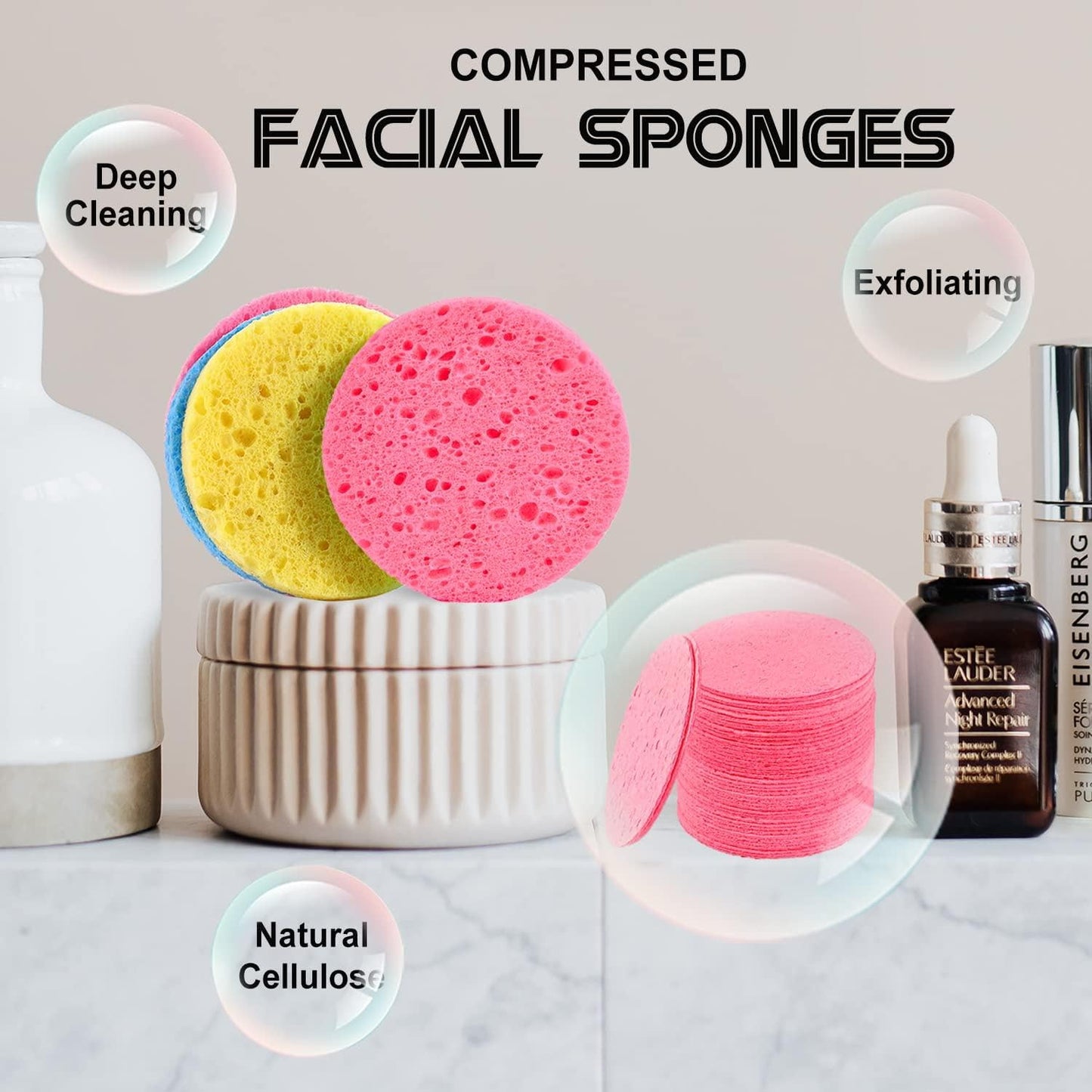 100-Count Facial Sponges Compressed Natural Cellulose Sponge Round Shape Face Sponge for Face Cleansing Exfoliating and Makeup Removal, Pink