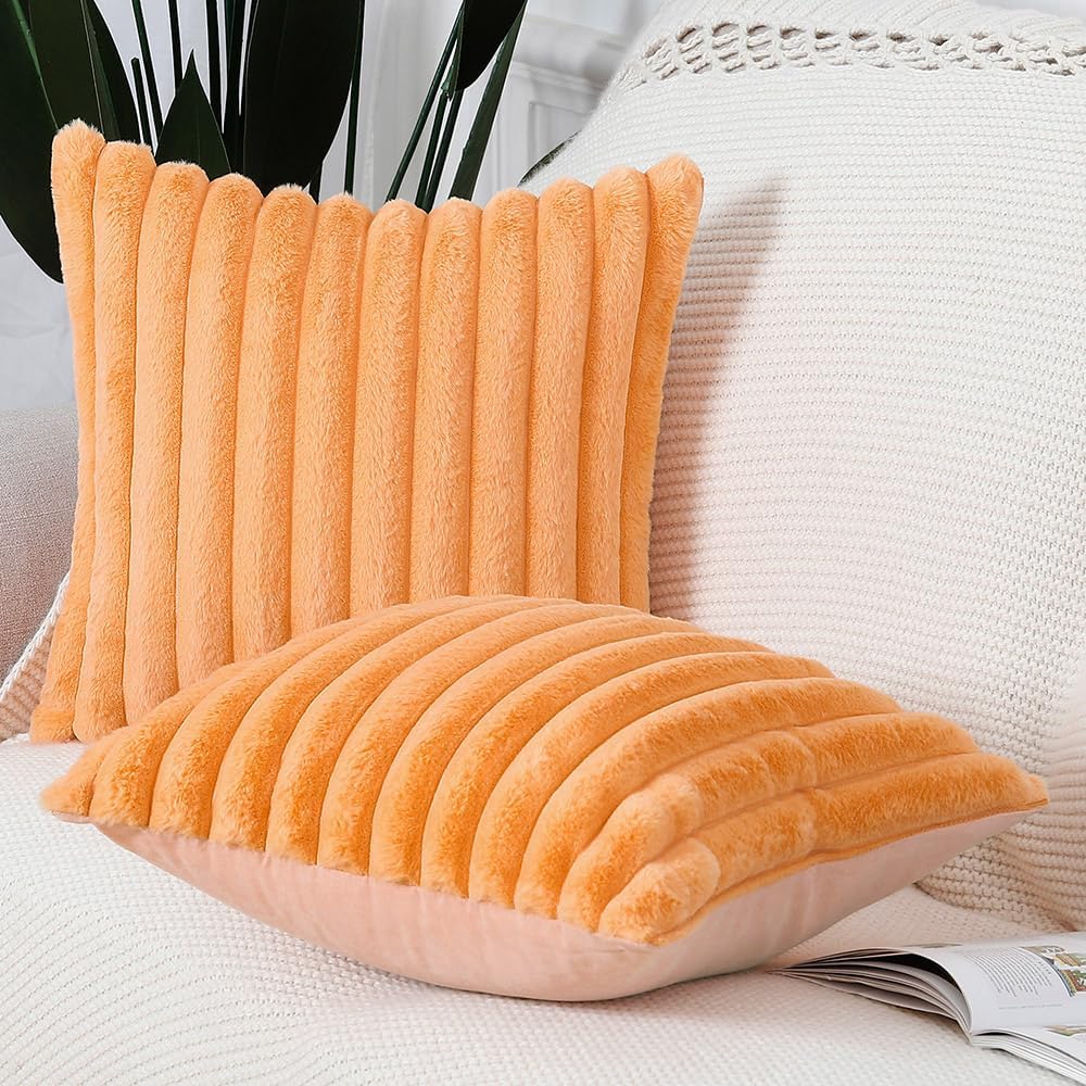 MADIZZ Set of 2 Faux Wool Plush Decorative Throw Pillow Covers 16x16 Inch Orange Fluffy Striped Soft Decorative Cushion Cover for Sofa Bedroom Pillow Shell