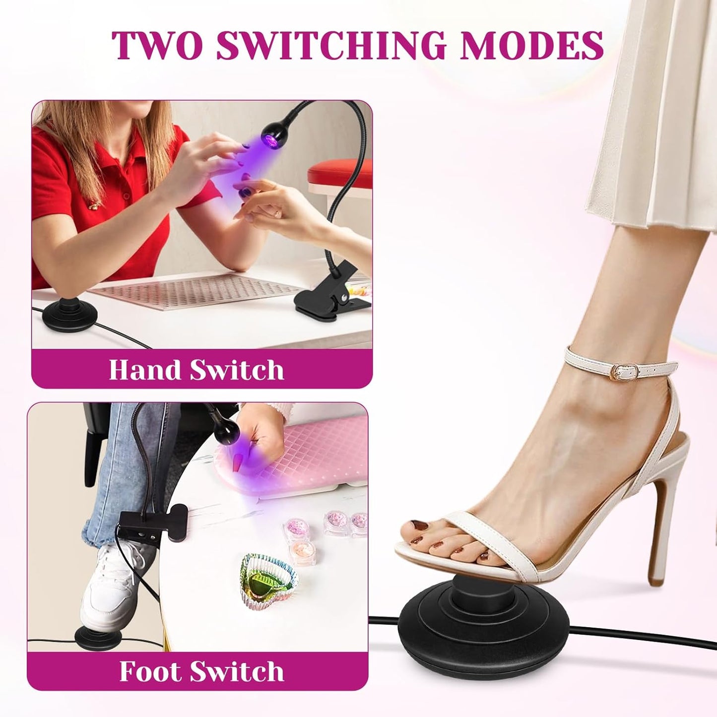AORAEM UV LED Nail Lamp, Quick Drying UV Light for Gel Nails Foot Control LED Nail Cure Lamp, Flash Cure Light with Black Gooseneck and Clamp for Gel Nails