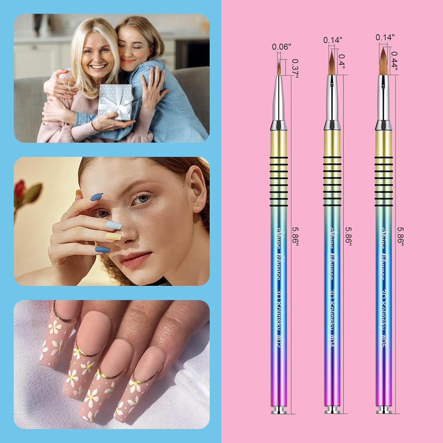 3Pcs Acrylic Nail Brushes Set Size 2 4 5, Kolinsky Hair Acrylic Nail Art Brush, Art Design & Polish Mistake Cleaning Manicure Tools for Women Acrylics Application, Gradient