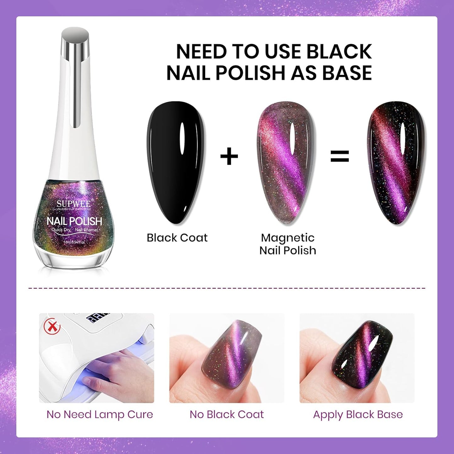 Magnetic Nail Polish Non Gel, Cat Eye Nail Polish Quick Dry Fingernail Lacquer DIY Manicure Gift For Women Girls 16ml with Magnet Stick
