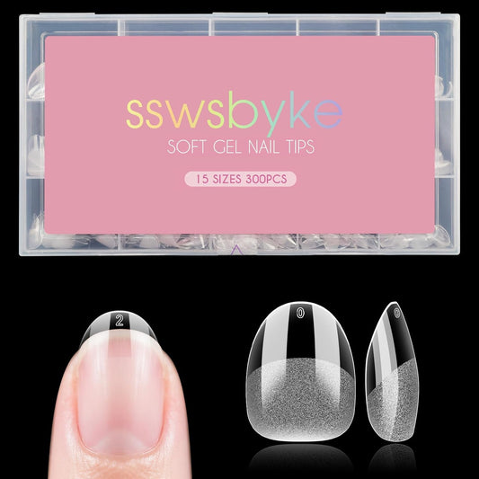 Short Oval Round Nail Tips, SSWSBYKE 300pcs Gel Acrylic Nail Tips for Full Cover Pre-Shaped Fake Nails Tips Half Matte Press On Nails for Extension Home DIY Salon 15 Sizes