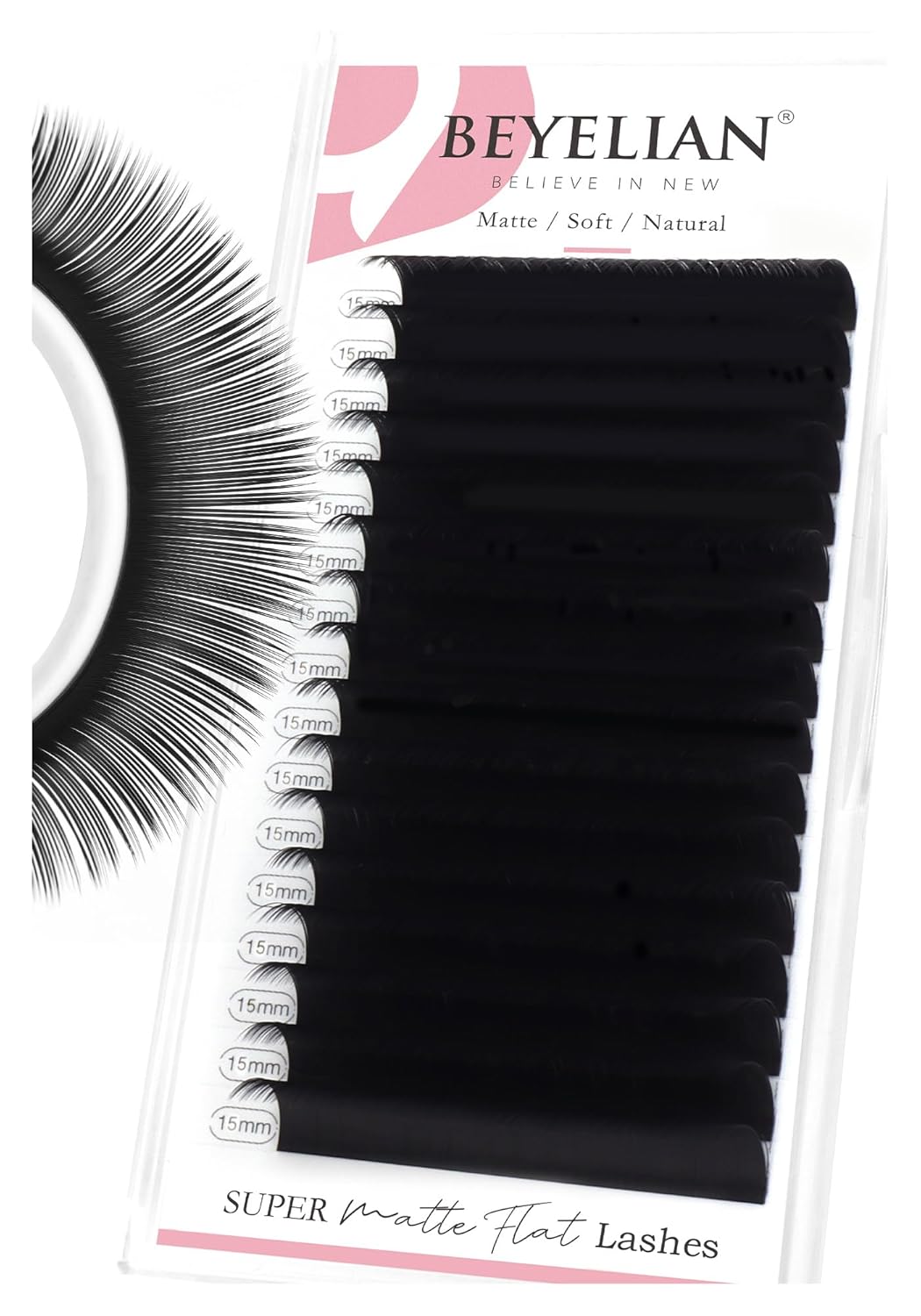 BEYELIAN Ellipse Flat Lash Extension 16 Rows 0.15 C Curl 15mm Single Length Tray Flat Eyelash Extension Matte Black Classic Lash Extensions Professional Supplies