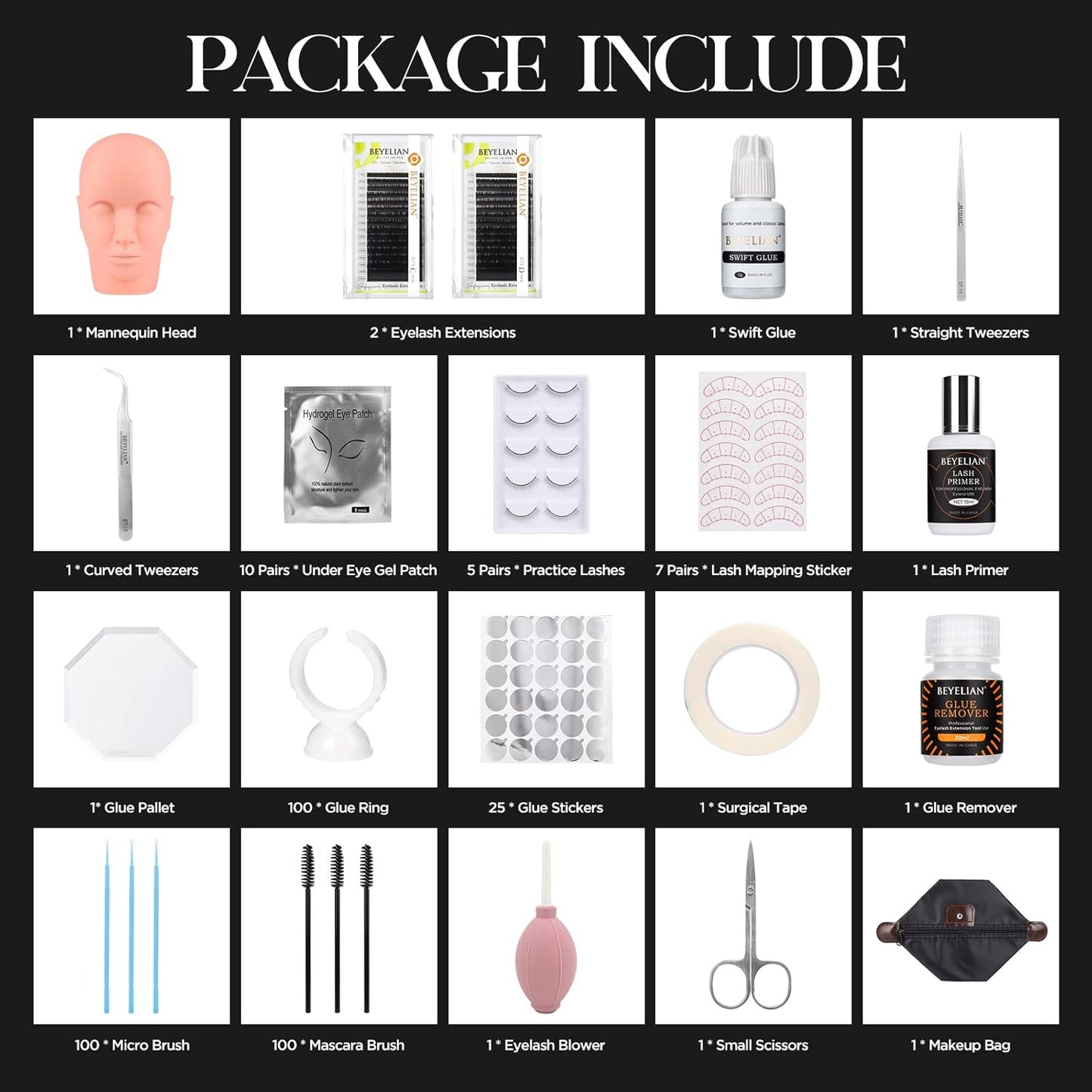 Eyelash Extension Kit,with lash Mannequin Head Lash Practice training kit Professional lash extension supplies Tool for Lash Training by BEYELIAN