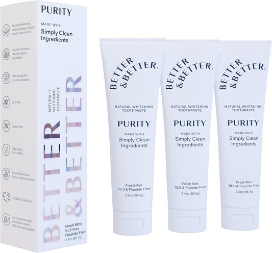 Better & Better Purity Toothpaste | Natural Whitening Toothpaste Without Additives | Organic, Vegan, Fluoride & SLS Free | Coconut-Based Formula w/Fresh Mint Flavor | 3.4oz