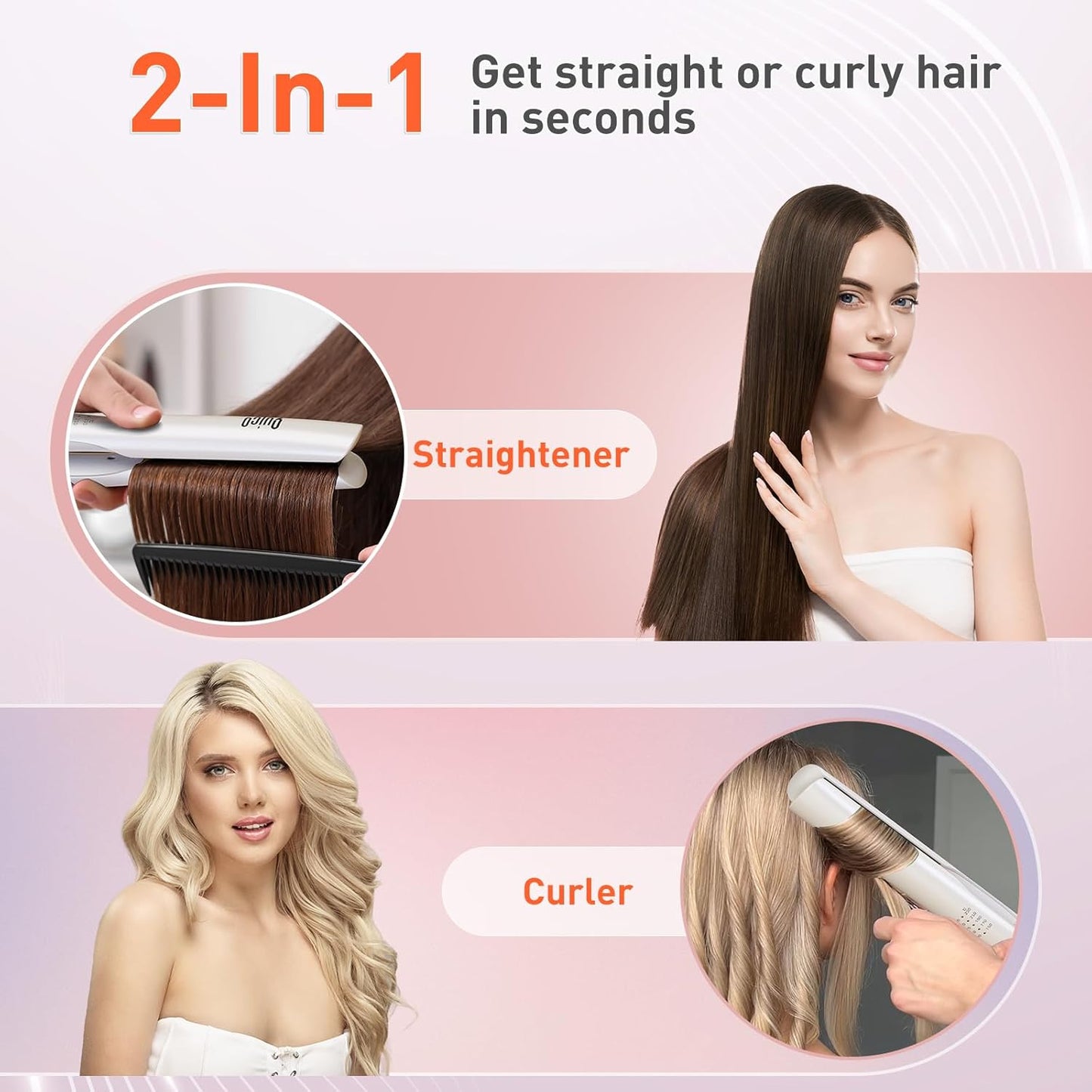 Quico Flat Iron Hair Straightener, 100-240V Dual Voltage Travel Hair Straightener and Curler with 15s Heat Up, Professional Negative Ion Ceramic Flat Iron for Less Frizz, 5 Temp & Auto Shut-Off