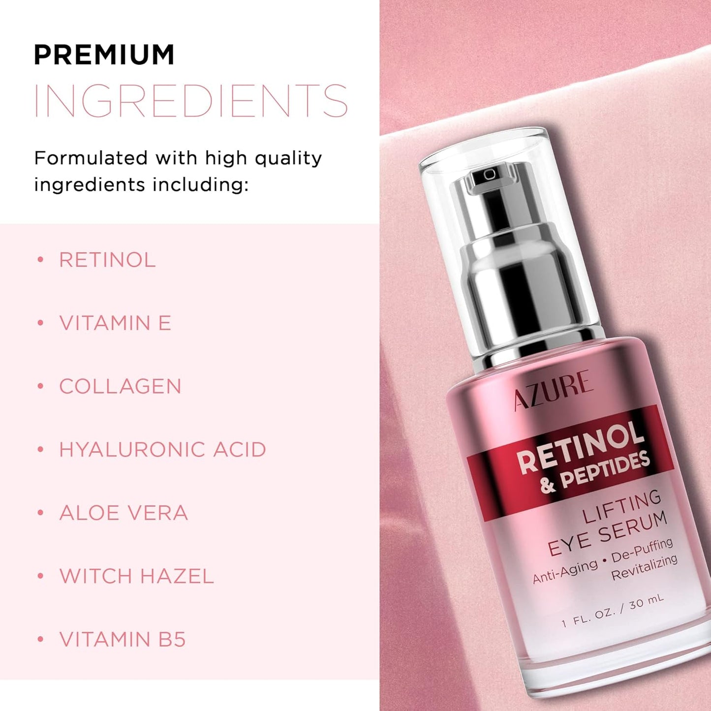 AZURE Retinol & Peptides Lifting Eye Serum - Anti Aging, De-Puffing & Revitalizing - Reduces Wrinkles, Fine Lines & Dark Under Eye Bags - Calms & Soothes - Made in Korea - 30mL / 1 fl.oz.