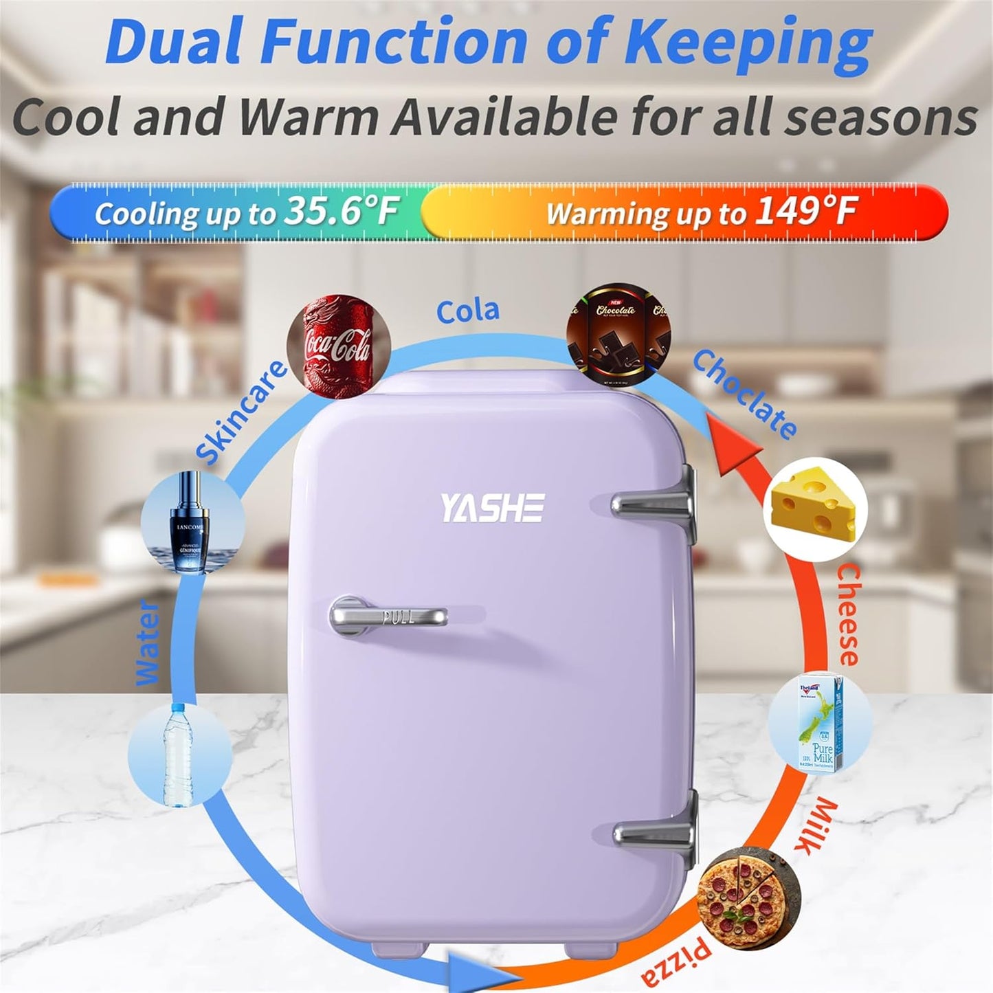 YASHE Mini Fridge, 4 Liter Makeup Fridge, 110V AC/ 12V DC Thermoelectric Cooler and Warmer Small Fridge for Bedroom, Drink, Dorm, Car, Purple