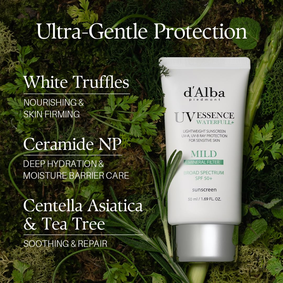 d'alba Piedmont Italian White Truffle Waterfull Mild Sunscreen, Vegan, Mineral Sunscreen, BROAD SPECTRUM SPF 50+ Non-Nano Suitable for Sensitive Skin, Korean Skin Care (1.69 fl. oz)