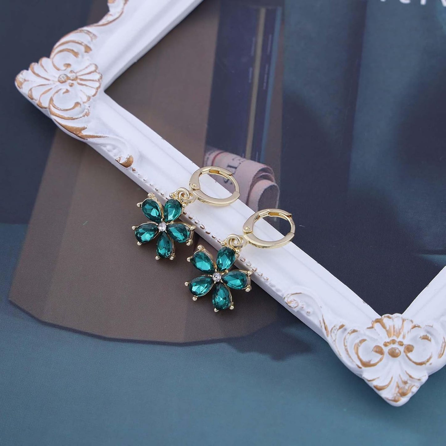 Vintage Emerald Flower Drop Earrings Green Crystal Flower Earrings Cz Flower Dangle Earrings Gold Huggie Hoop Earrings Jewelry for Women and Girls