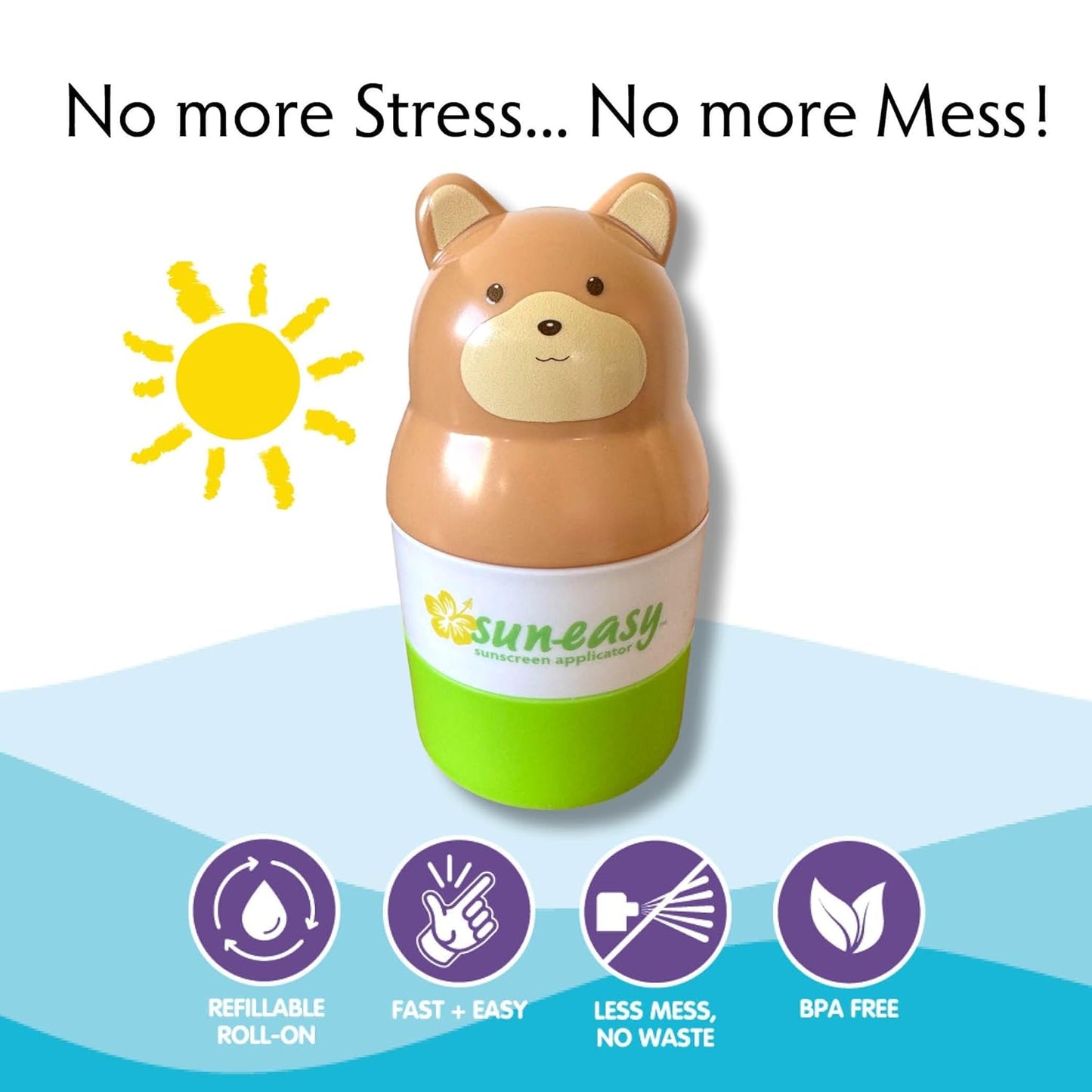 Sun-Easy Sunscreen Applicator, Refillable Roll-On with Sponge for Kids and Babies, Fun, Fast and Mess-Free application, Holds 100 ml, Bear/Green Cap
