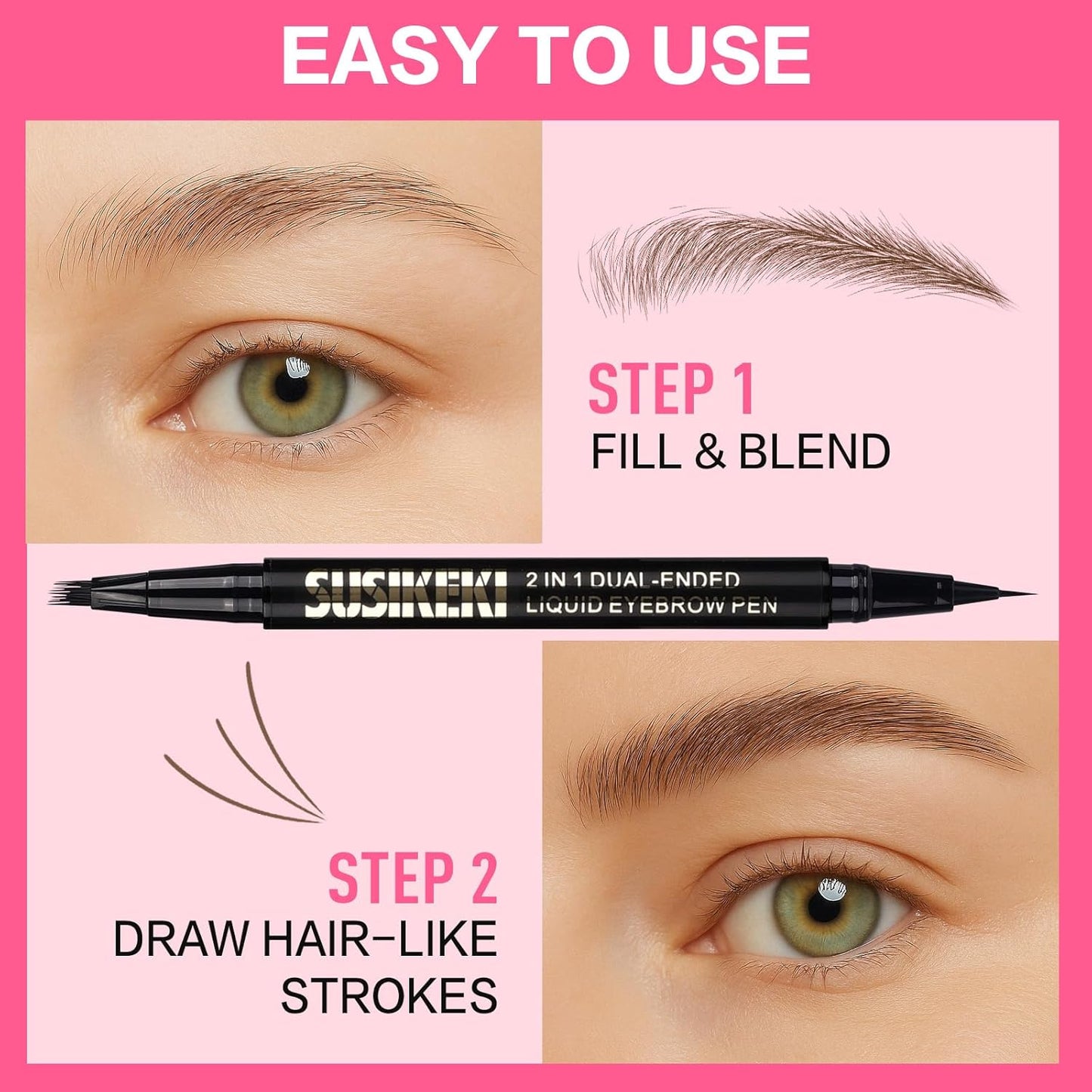Dual Ended Microblading Eyebrow Pen - 2 in 1 Liquid Eyebrow Pencil with Brow-Fection Angled Brush & Precise Detail Brush-Tip, Shapes & Fills Hair-Like Looking Brows, Lasts All-Day, Brown