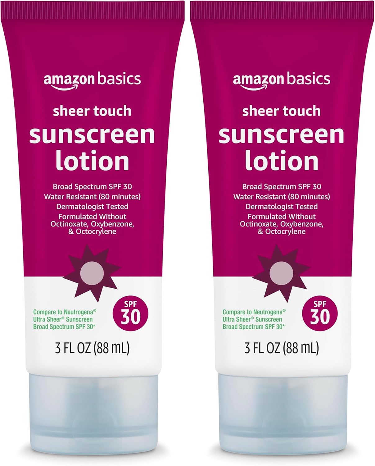 Amazon Brand - Solimo Sheer Face Sunscreen SPF 30, No Octinoxate & Oxybenzone, Unscented, 3 fl oz (Pack of 2)