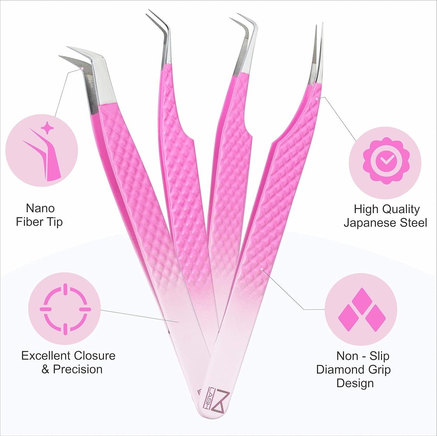 M LASH - V3 Tweezer Set Diamond Grip NANO Fiber Tip - Volume & Classic Eyelash Extensions - Japanese Steel Lash Tool (PW-Ombre)