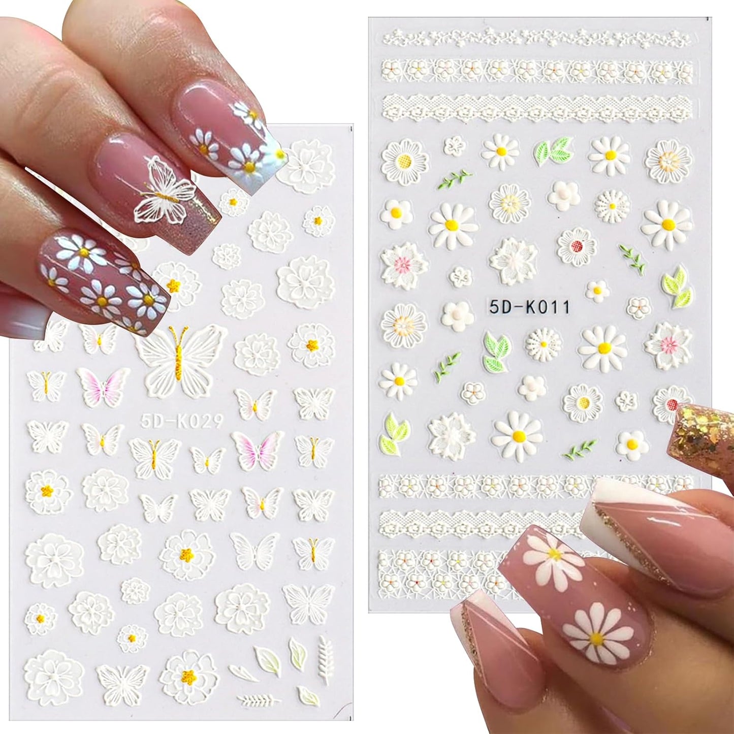 Flower Nail Stickers for Nail Art 6 Sheets 5D Embossed Nails Decals Spring Summer Self-Adhesive Supplies Accessories 3D Flowers Nails Stickers for Women Design Decoration