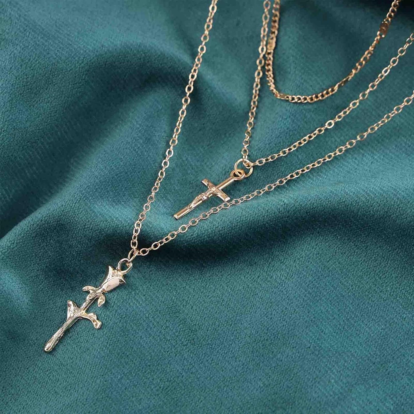 Boho Layered Necklace Choker Vintage Gold Rose Cross Pendant Necklaces Statement Multi Layer Cross Necklace Rose Flower Pendant Necklace Chain Jewelry for Women