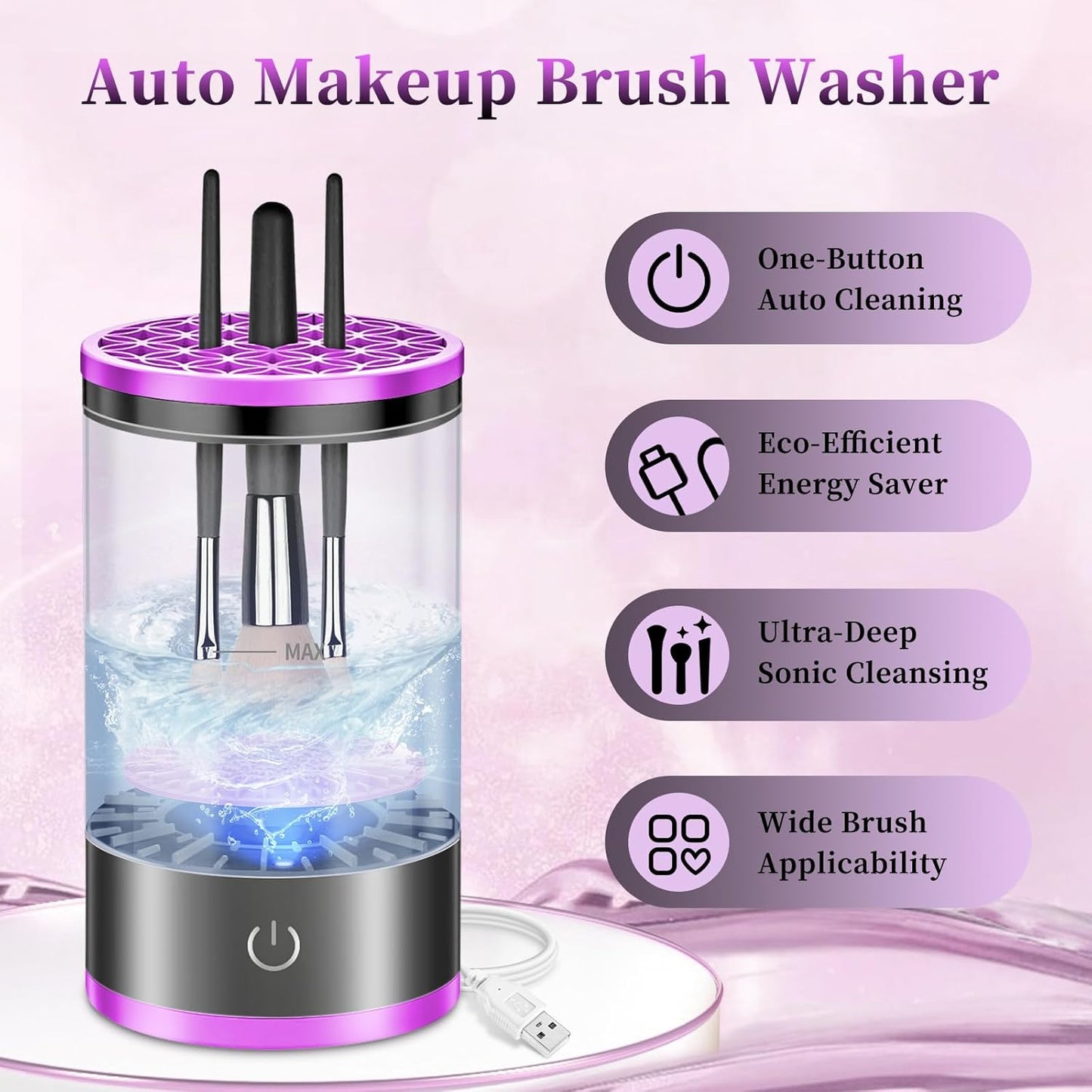 Electric Makeup Brush Cleaner, Quick Efficient Machine for Deep Cleaning All Types of Brushes, Portable Compact Design for Travel Home Use, for Makeup Lovers & Professionals - Purple