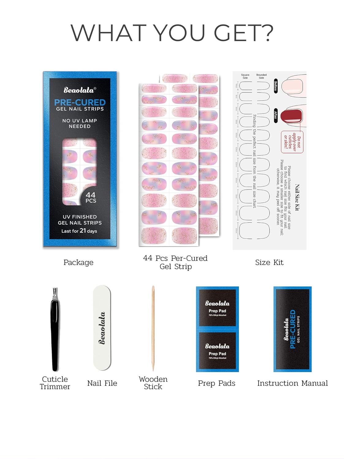 Pre Cured Gel Nail Strips - 44PCS Salon Quality Gel Nail Stickers - Long Lasting Polish Wraps for Women no UV Light Needed Easy Apply& Remove (Dusk Pink）