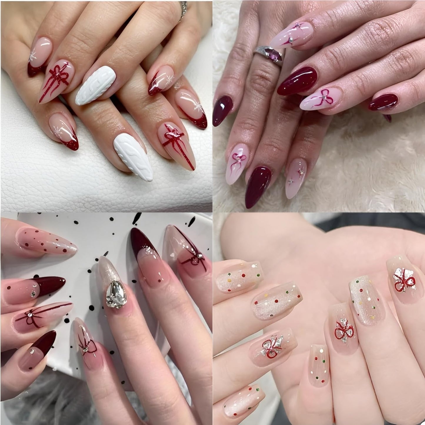 4 Sheets Bow Nail Stickers, 5D Embossed White Black Red, DIY Acrylic Nails, Bow Nail Supplies for Women