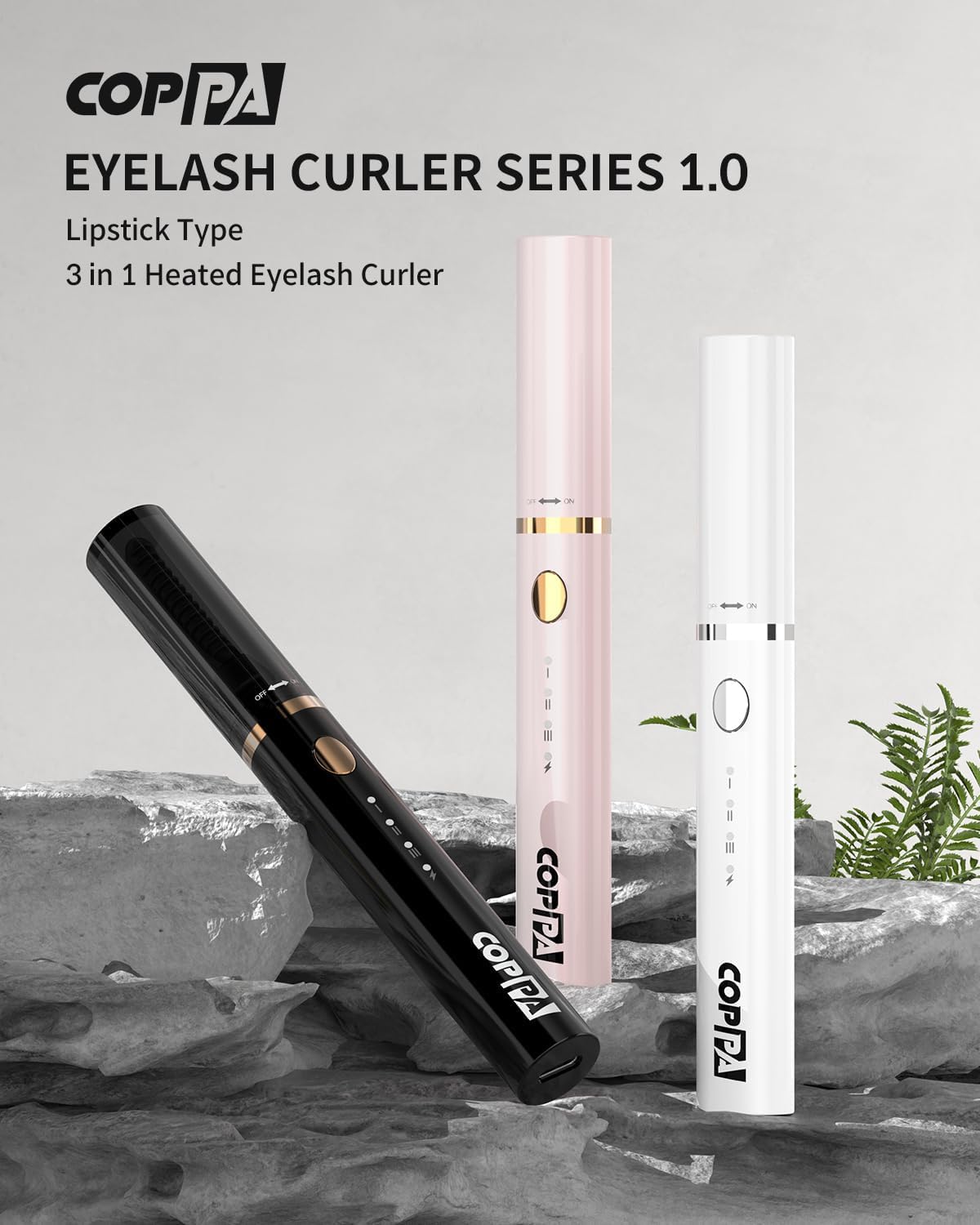 COPPA Electric Lash Curler, LP-1 Lipstick Type 3-in-1 Heated Eyelash Curler with 3 Brush Heads 3 Curling Modes and 3 Temp & 5s Quick Heat-up, Perfect for Beginners and Makeup Pros, Black