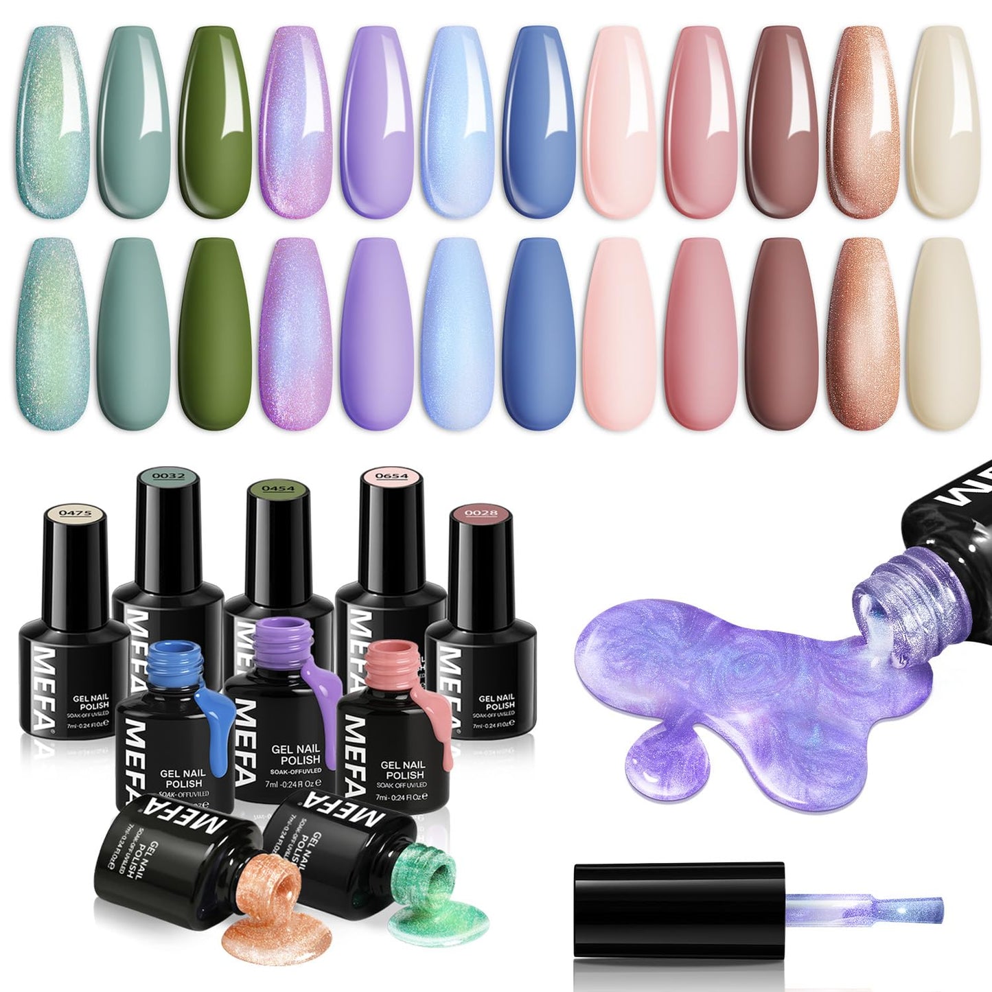 MEFA 12 Colors Gel Nail Polish Set Chameleon Gel Polish Kit with Purple Blue Green Soak Off Nude Brown Heart Glow Collection Manicure Gifts for Women Girl DIY Salon Home