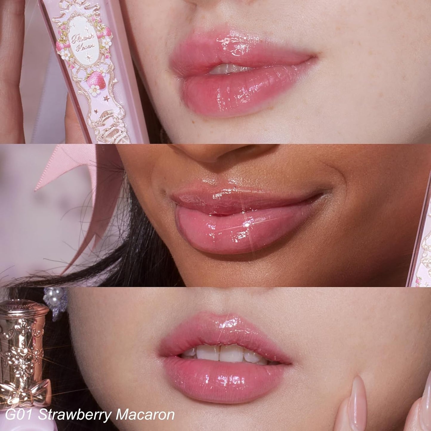 Flower Knows Violet Strawberry Rococo Glowy Lip Gloss 3-Piece Set,G01+G02+G03 with Canvas Tote Bag & Hair Clip,Moisturizing Lip Oil,Hydrating Lip Plumper Makeup for Girls & Women