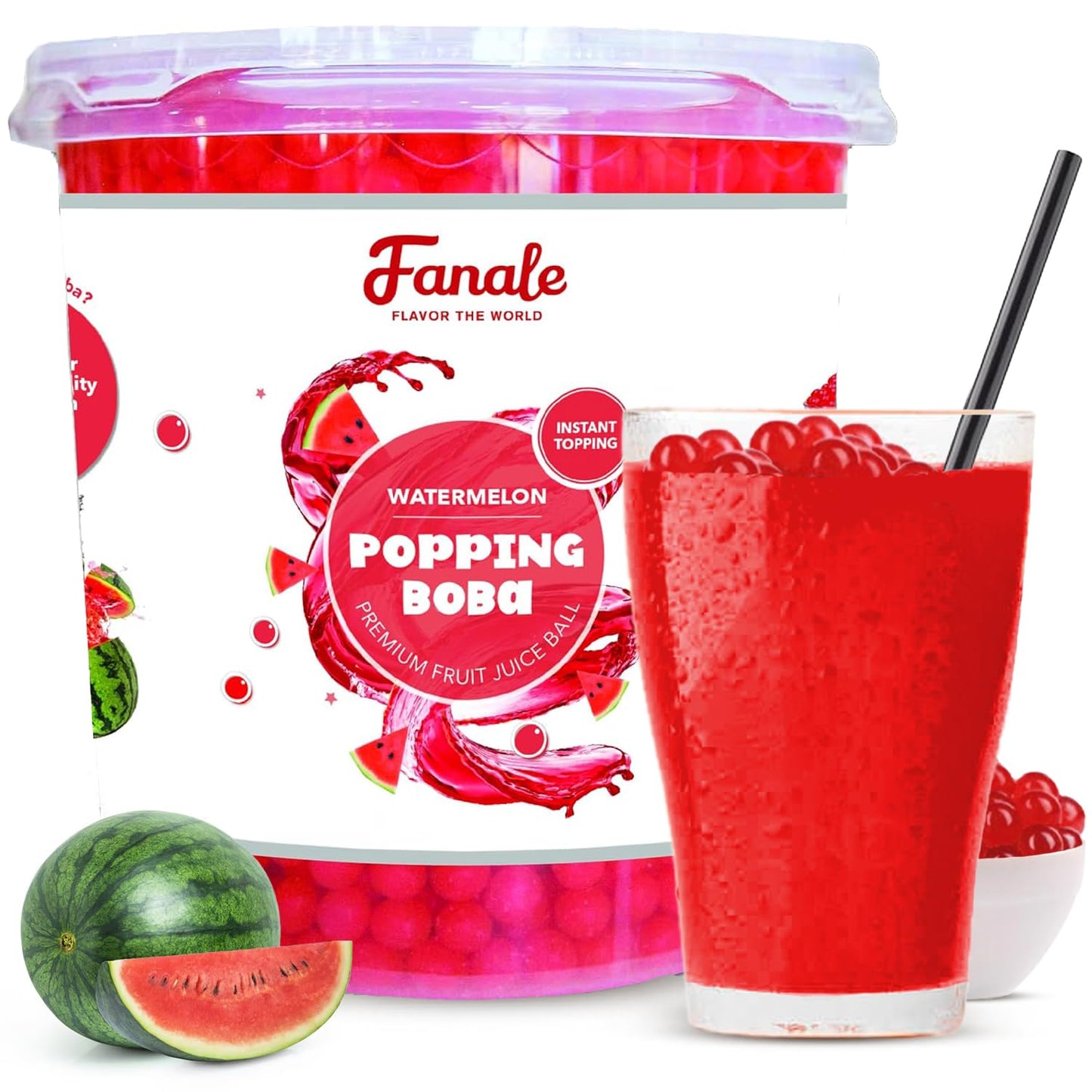 Fanale Watermelon Popping Boba Pearls, Vegan, Non GMO, Gluten Free, Fat Free, Perfect for Bubble Tea, Smoothies, Ice Cream, Desserts, and Beverages.