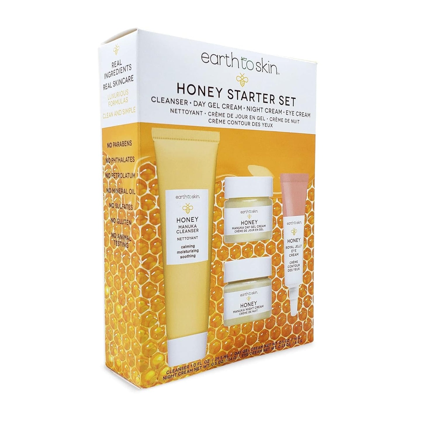 Earth To Skin Facial Care Starter Set: Manuka Honey Cleanser (1.0 Fl Oz), Day Gel Cream (0.5 Fl Oz), Night Cream (0.5 Fl Oz), and Royel Jelly Eye Cream (0.23 Fl Oz)