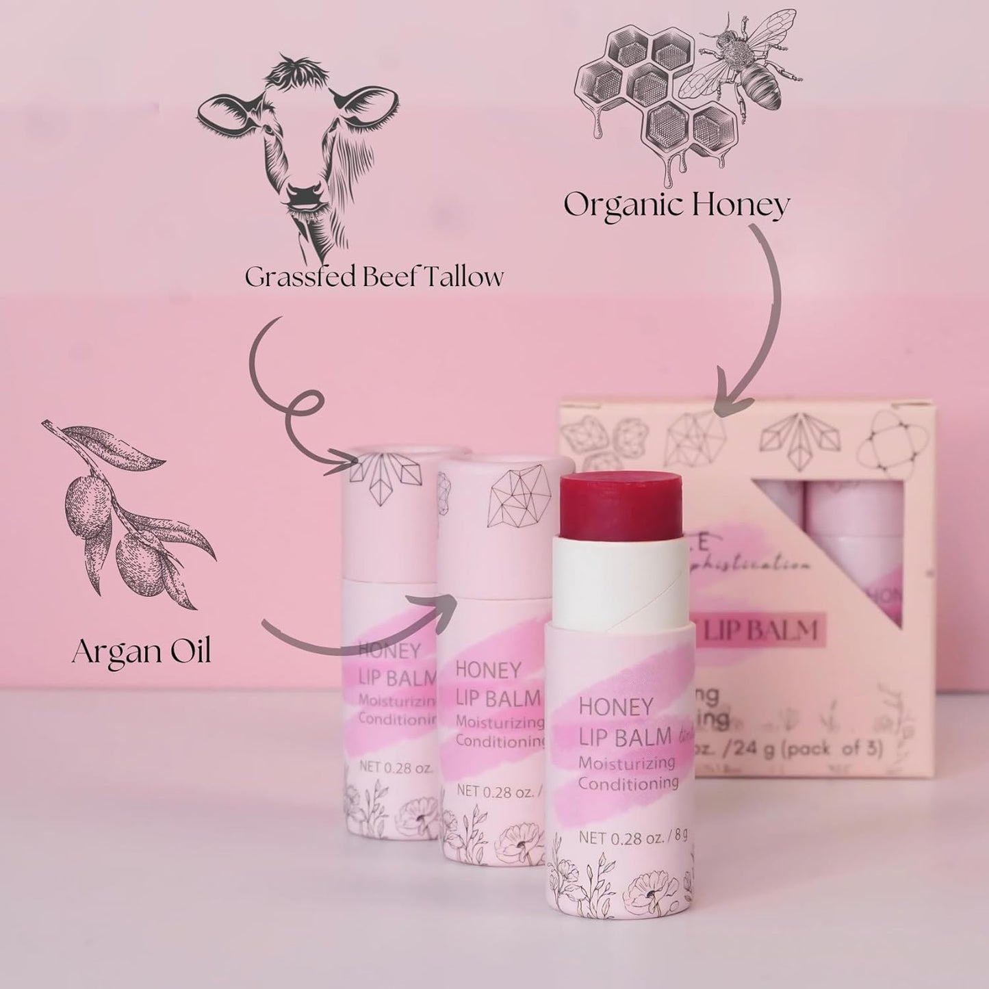 Organic Honey Lip Balm - 100% Grassfed Beef Tallow Chapstick for Women, Natural Raw Honey & Argan Oil - Ultra Moisturizing, Conditioning, Chemical Free - 3 Pack (3x0.15 oz) Tinted