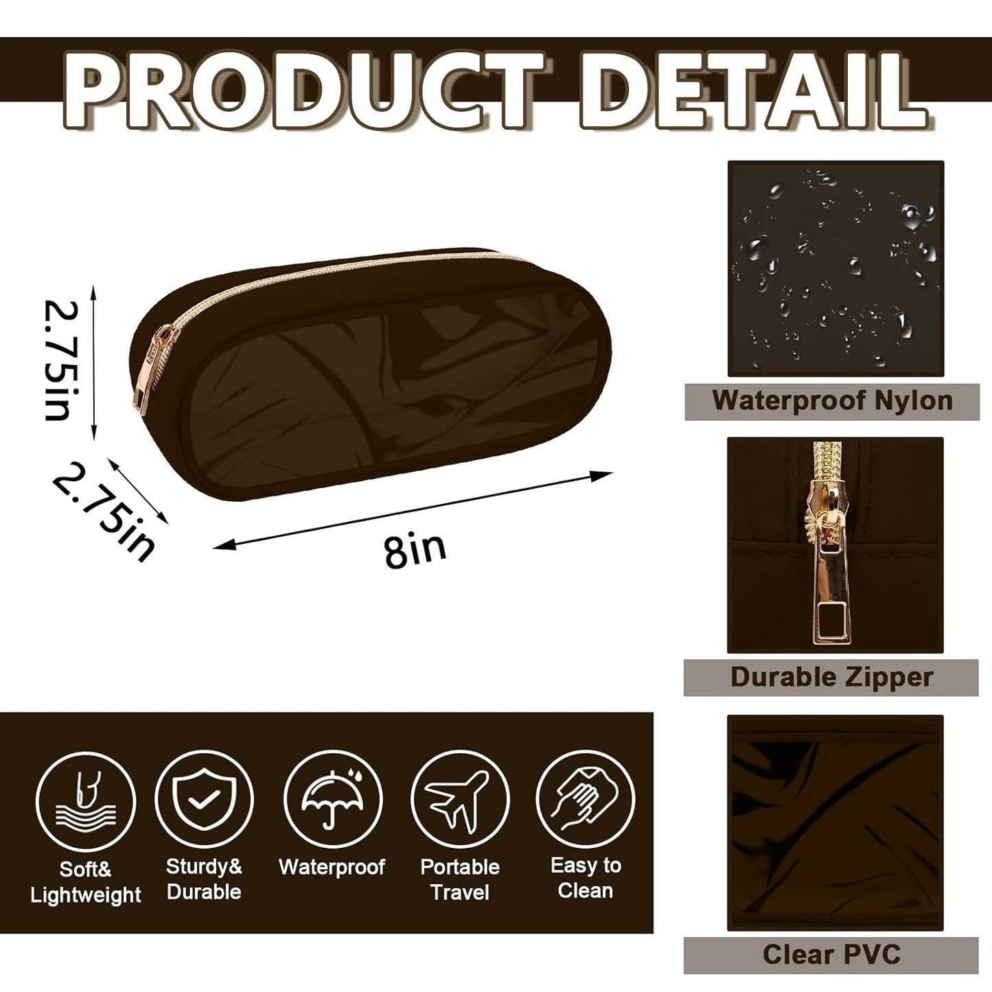 Clear Small Pencil Pouch Makeup Bag for Purse,Nylon&PVC Pencil Case Waterproof Makeup Brush Holder with Zipper,Preppy Transparent Pen Bag Travel Cosmetic Bag for Women Office(Slim-Chocolate)