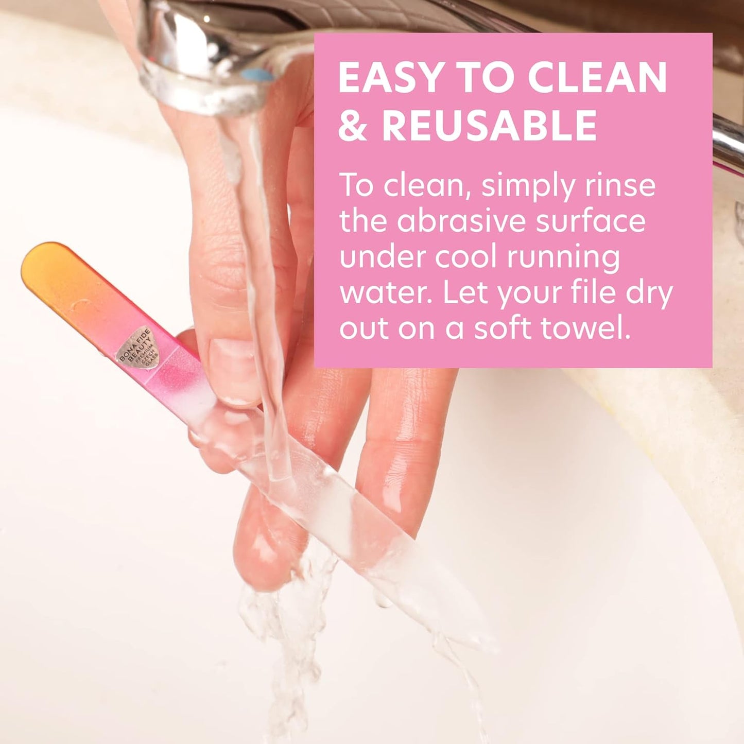 Bona Fide Beauty Glass Files for Nails, Professional Manicure Glass Fingernail Files with Case. 1-Piece Gold Magenta Nail File Made in The EU.