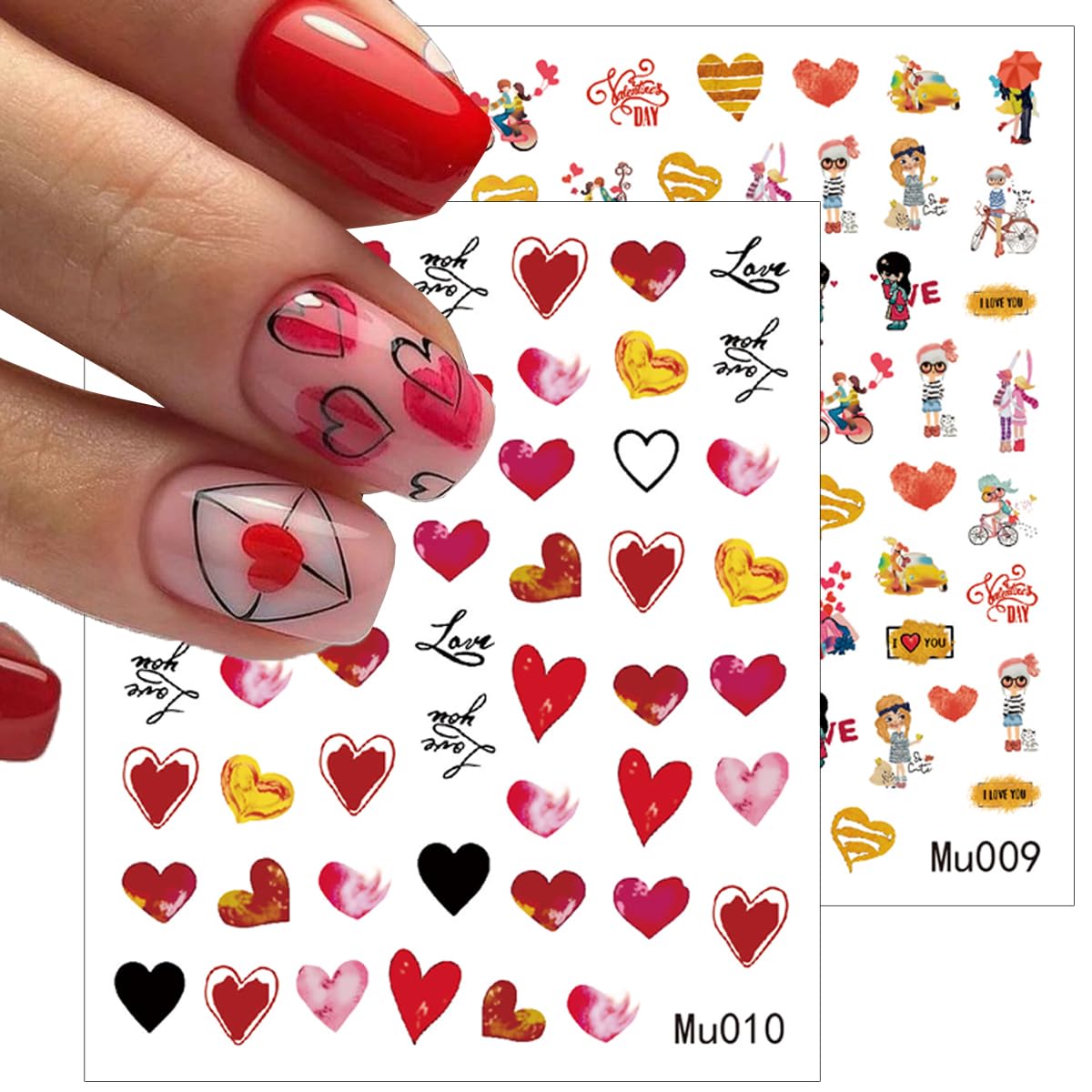6 Sheets Valentine's Day Nail Art Stickers - Self-Adhesive 3D Heart Supplies, Sexy Lips, Romantic Red Love Letter Design Decals for Women Girl DIY Decoration