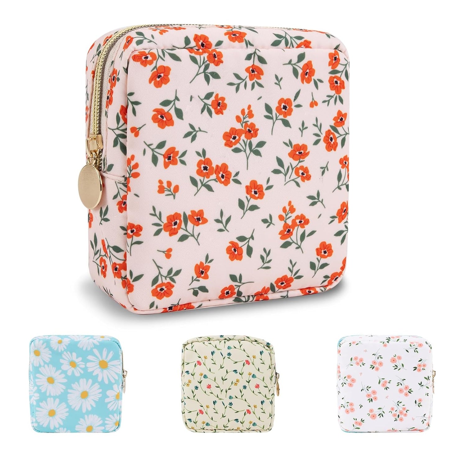 Waterproof Mini Floral Makeup Bag Pouch for Purse,Nylon Flower Cosmetic Travel Bag Small Preppy Toiletry Organizers Bag for Women Girl,Cute Zipper Pouch Coin Purse for Work(Mini Pink-Flowers)