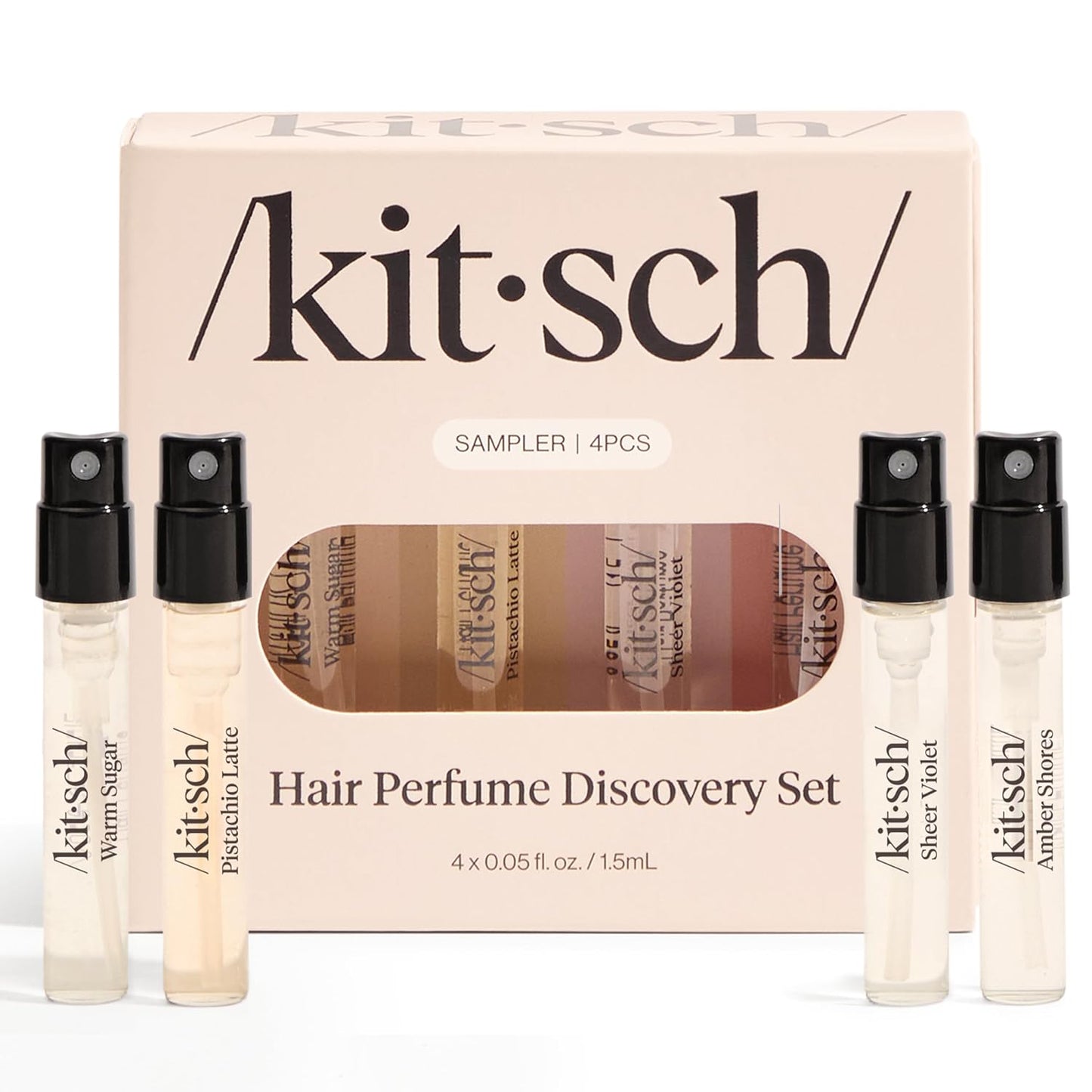Kitsch Hair Perfume For Women (Discovery Set) - Pistachio Latte, Warm Sugar, Sheer Violet & Amber Waves - Patented Odor-Eliminating Technology, Hair Spray and Body Mist - 4 x 1.5ml