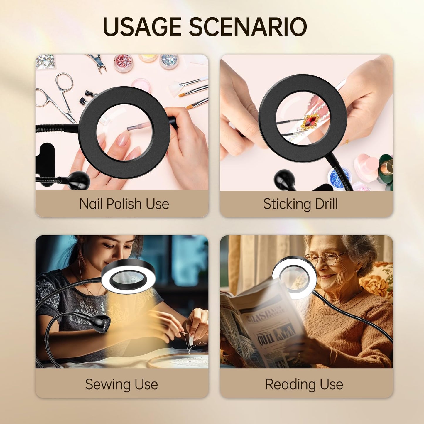 AORAEM LED UV Nail Lamp: Double-Headed Gooseneck U V Lamp for Gel Nails, LED Flash Cure Light with 6X Magnifier Home DIY Salon, Black