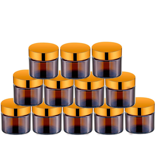 Lil Ray 2 Oz Glass Cream Jars with Gold Lid, Empty Amber Glass Containers, Refillable Cosmetic Vials for Lotion, Ointment (12 PCS)