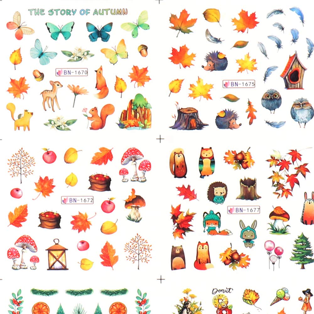 Fall Nail Stickers Autumn Maple Leaf Nail Art Decals Thanksgiving Day Water Decal Transfer Slider Set Turkey Pumpkin Nail Art Foil Stickers Nail Supplies Accessories Decoration Manicure Tips 12 Design