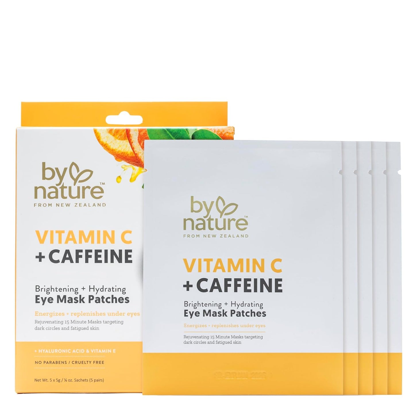 By Nature Vitamin C + Caffeine Brightening + Hydrating Under Eye Mask Patches - Energizing + Replenishing Eye Patches for Dark Circles - Skincare from New Zealand - Under Eye Patches - 5 Pairs