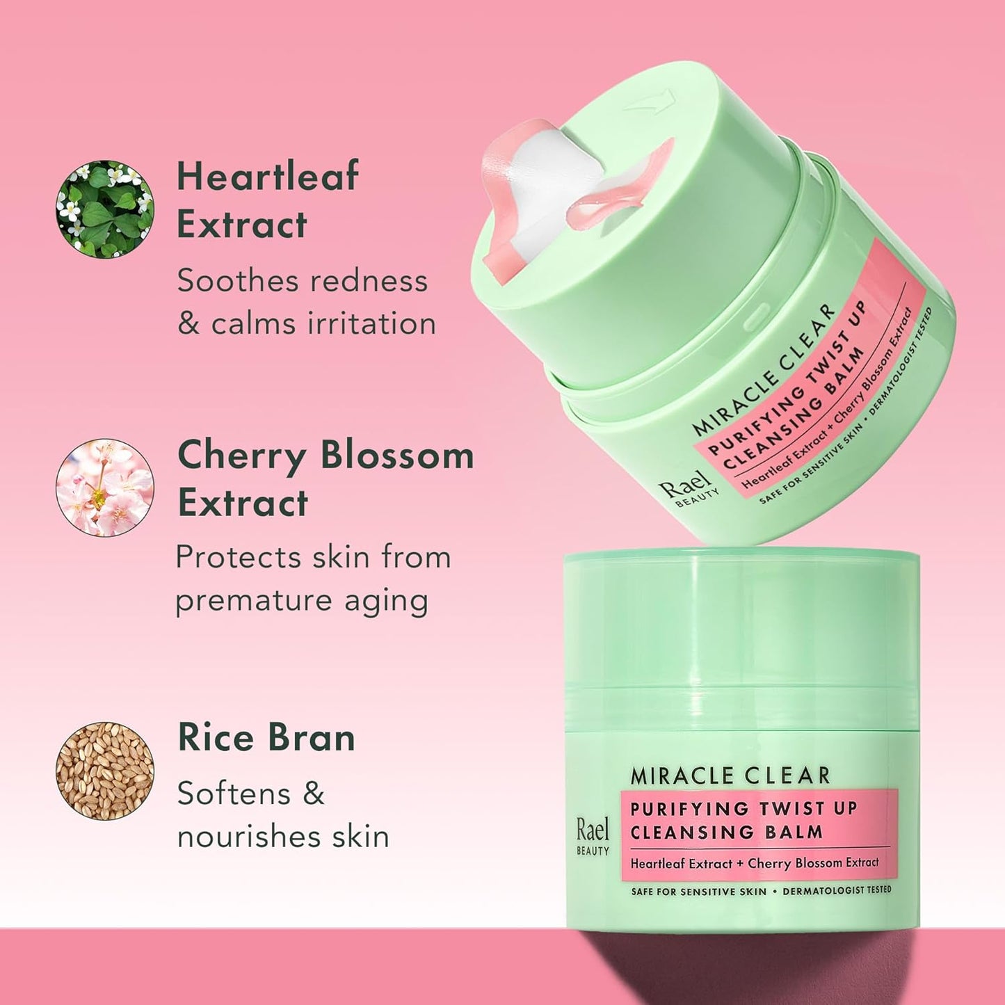 Rael Miracle Clear Cleansing Balm – Makeup Remover, Twist-Up Face Cleanser, Double Cleanse, Non-Comedogenic, with Rice Bran & Jojoba Oils, Vegan, Korean Skin Care, All Skin Types (1.69 fl oz)