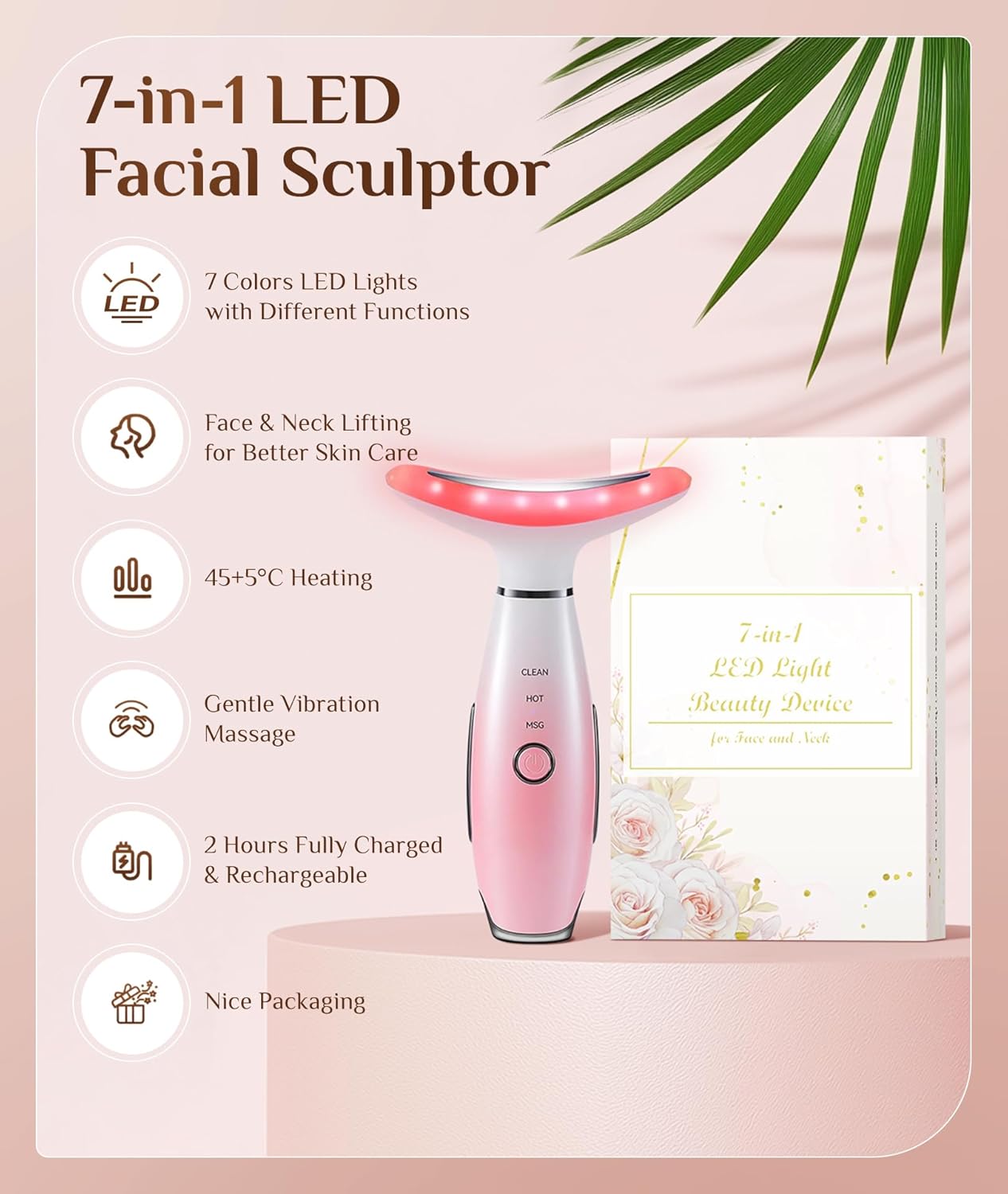 7 Color Galvanic Machines - Red Light Therapy for Face and Neck, Face Massager Tool for Wrinkles, Double Chin, Vibrating Facial Massager with Thermals, Pink