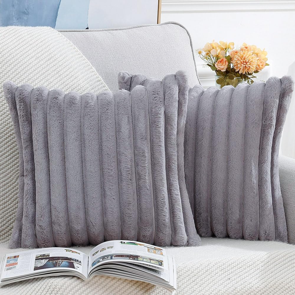 MADIZZ Set of 2 Faux Wool Plush Decorative Throw Pillow Covers 16x16 Inch Grey Fluffy Striped Soft Decorative Cushion Cover for Sofa Bedroom Pillow Shell