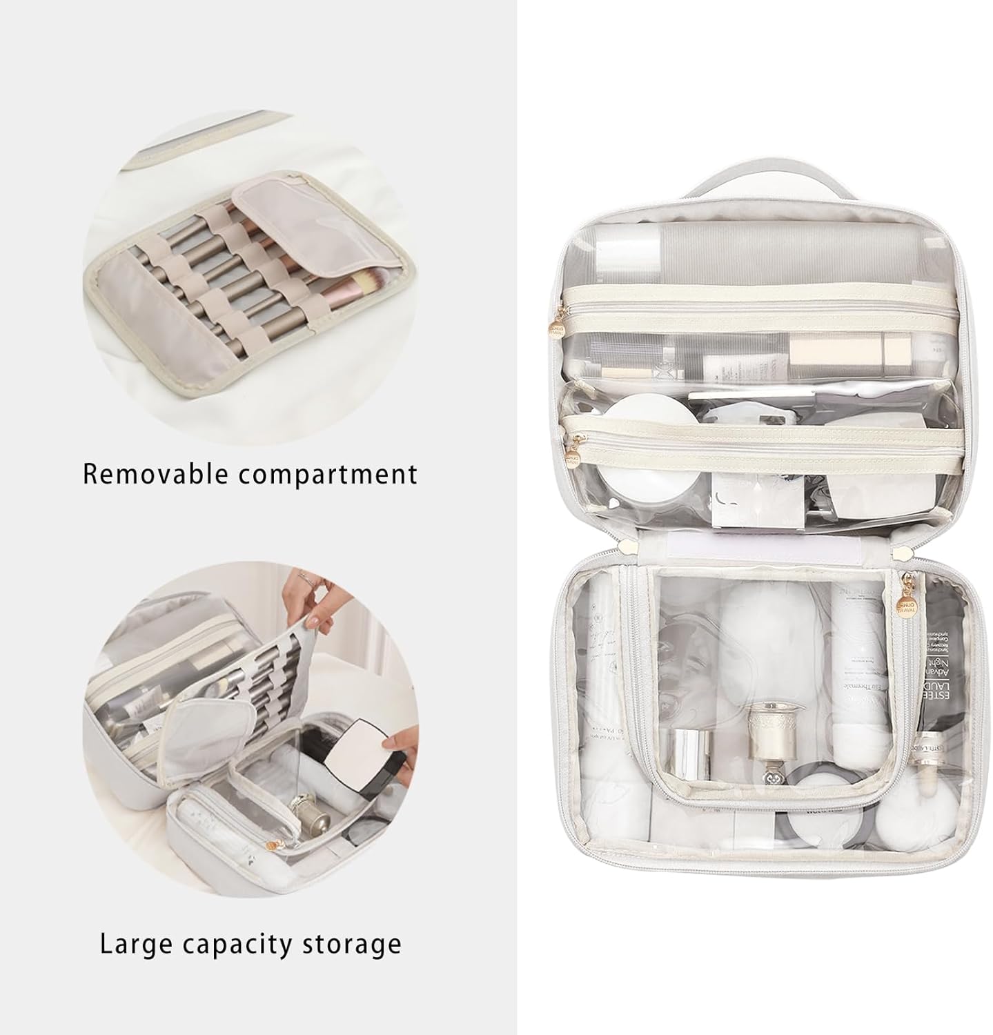 RIGHT AWAY Travel Toiletry Bag for Women, Makeup Bag& Cases, Waterproof Makeup Organizer Cosmetic Bag with Compartments,Portable Make Up Bag for Travel Size Toiletries,Skincare,Brushes Set,White