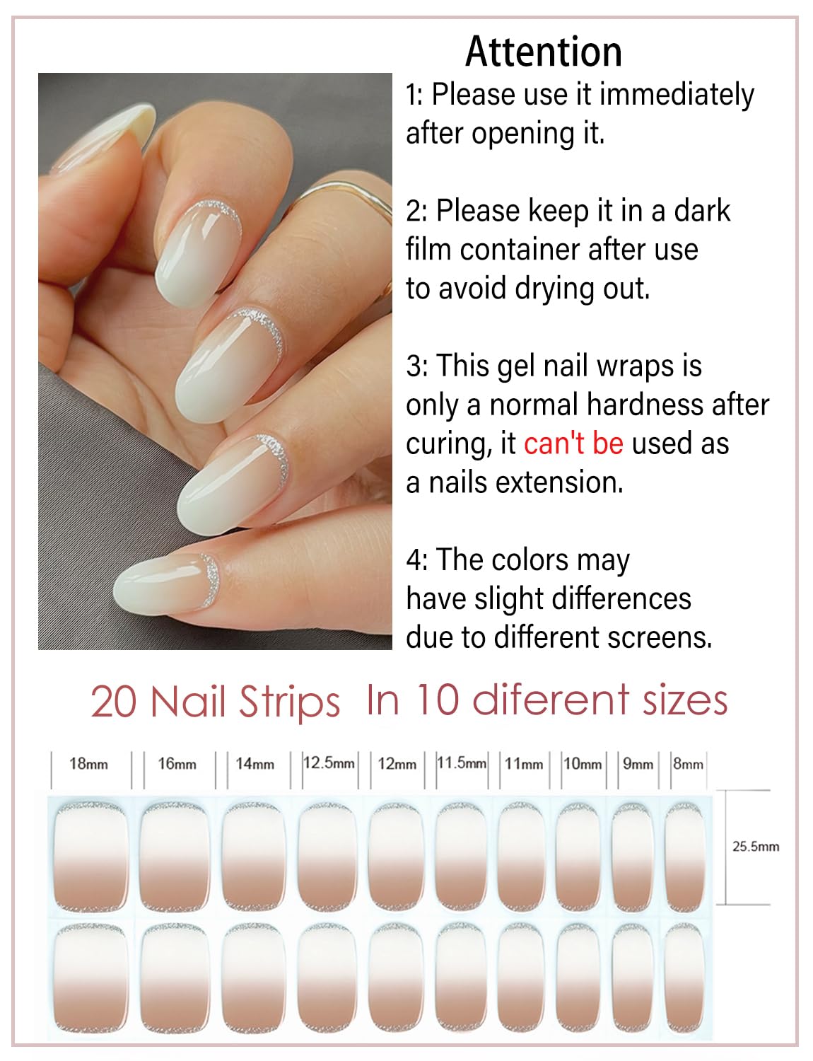 Semi Cured Gel Nail Strips, 20pcs Brown Ombre, Glitter Gel Nail Stickers UV for Home Nails DIY