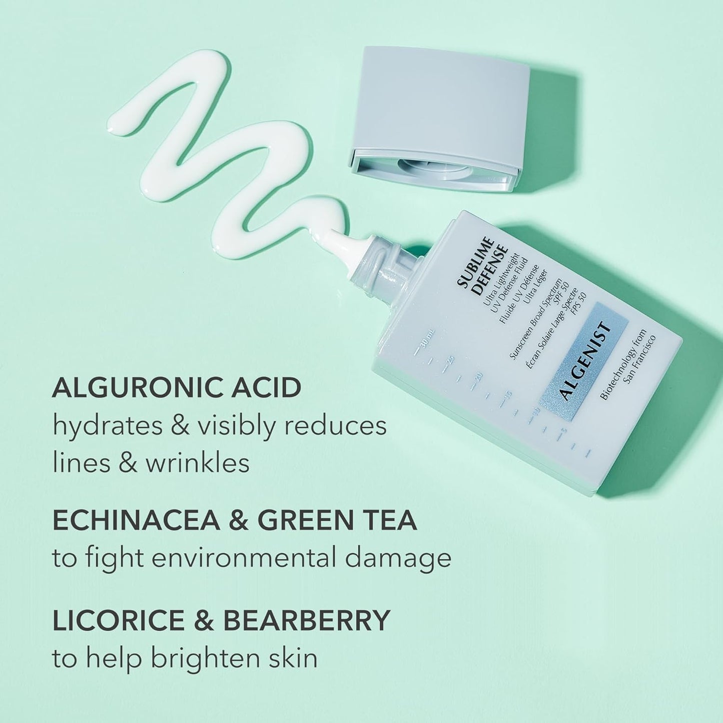 Algenist Sublime Defense Ultra Lightweight UV Defense Fluid SPF50 - Sheer, Oil-Free Face Sunscreen with Vitamin E, Echinacea & Green Tea - Non-Comedogenic & Hypoallergenic Skincare (30ml / 1oz)