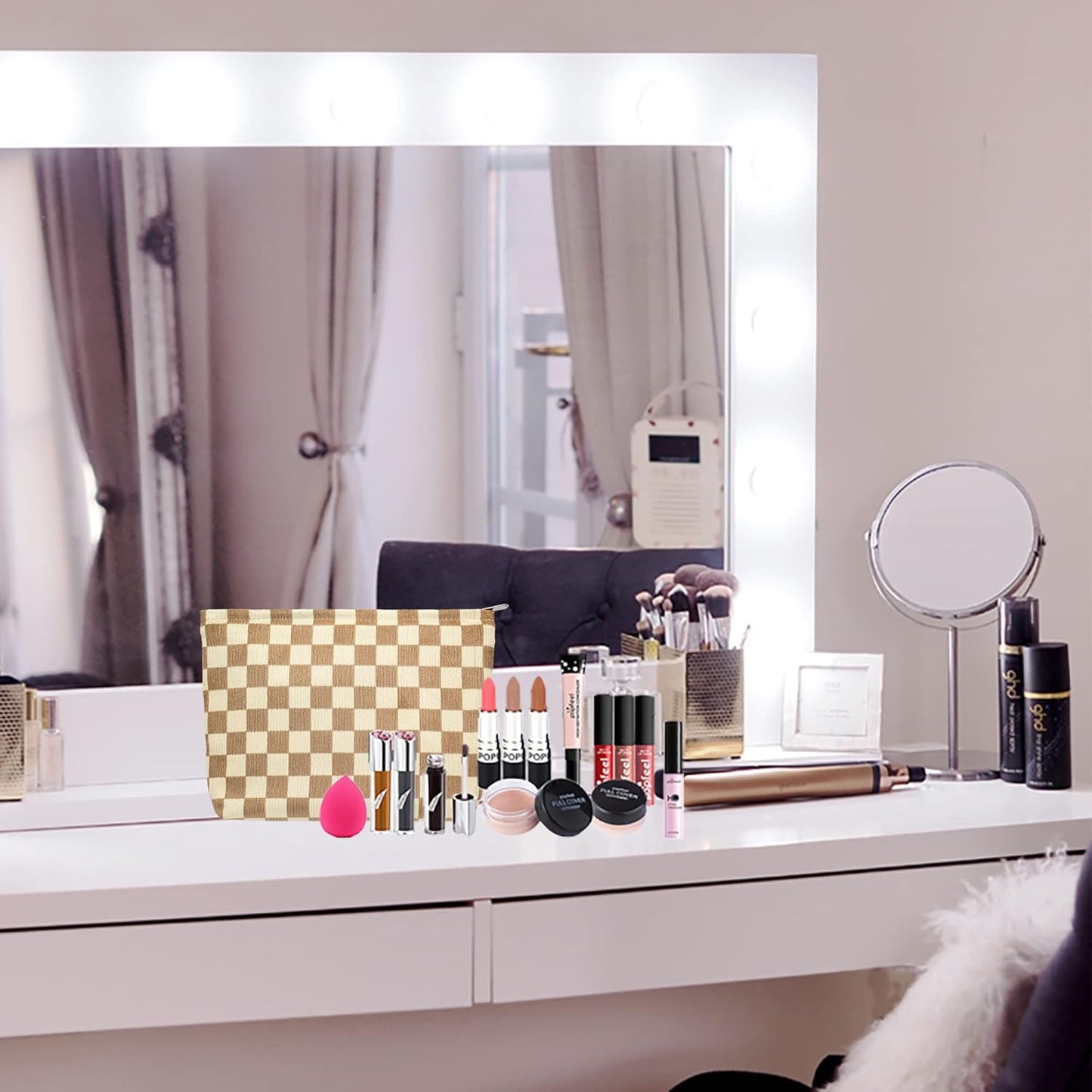 PAZIMIIK Makeup Bag Large Zipper Corduroy Make Up Pouch for Purse Travel Canvas Cosmetic Organizer for Women Brush Storage,Checkered Light Brown