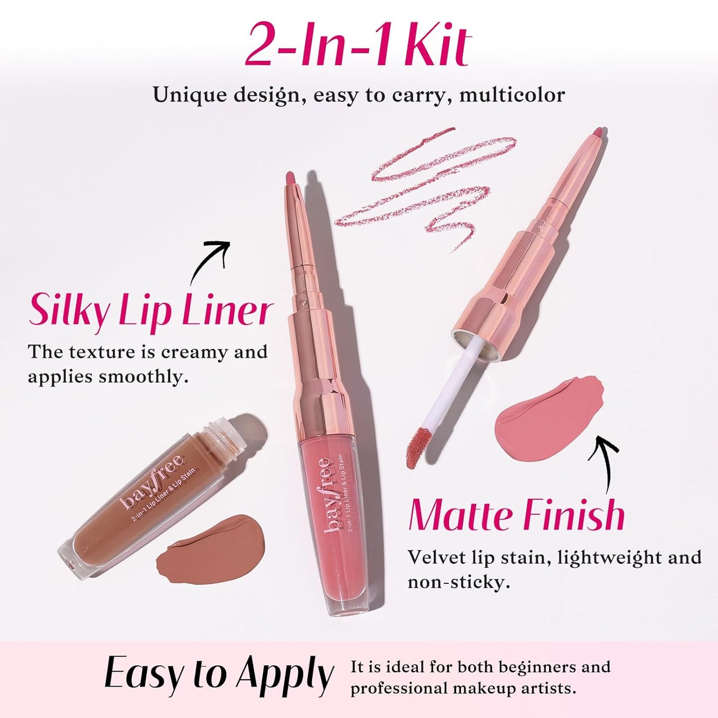 2 PCS Lip Liner and Lip Stain Combo Set, High Pigmented Long Lasting Velvet Lip Tint, Well-Defined Lipliner, Weightless Waterproof Not Animal Tested, Matte Finish Makeup