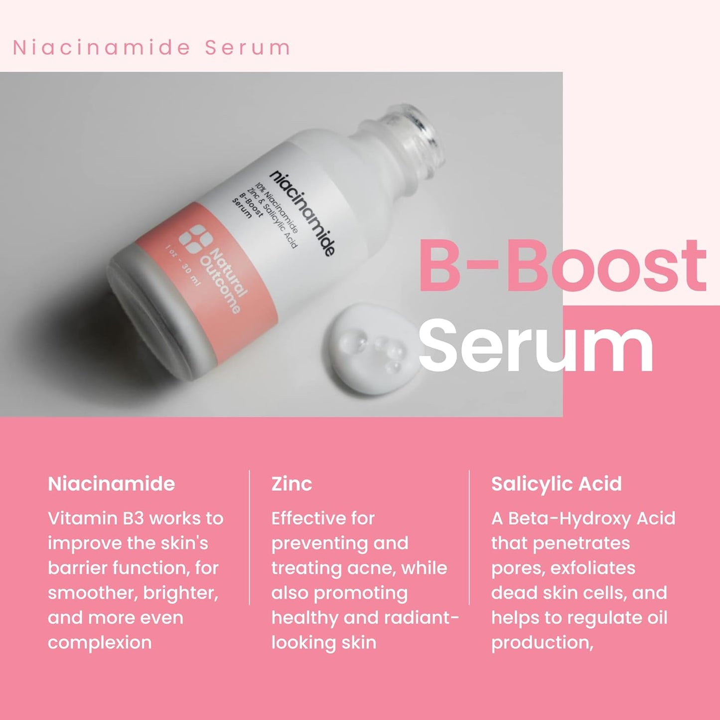 Niacinamide Serum for Face by Natural Outcome Skin Care, B-Boost Niacinamide 10% Plus Zinc 2% Salicylic Acid + Hyaluronic Acid, Acne Treatment + Pore Reducing Serum + Skin Balancing