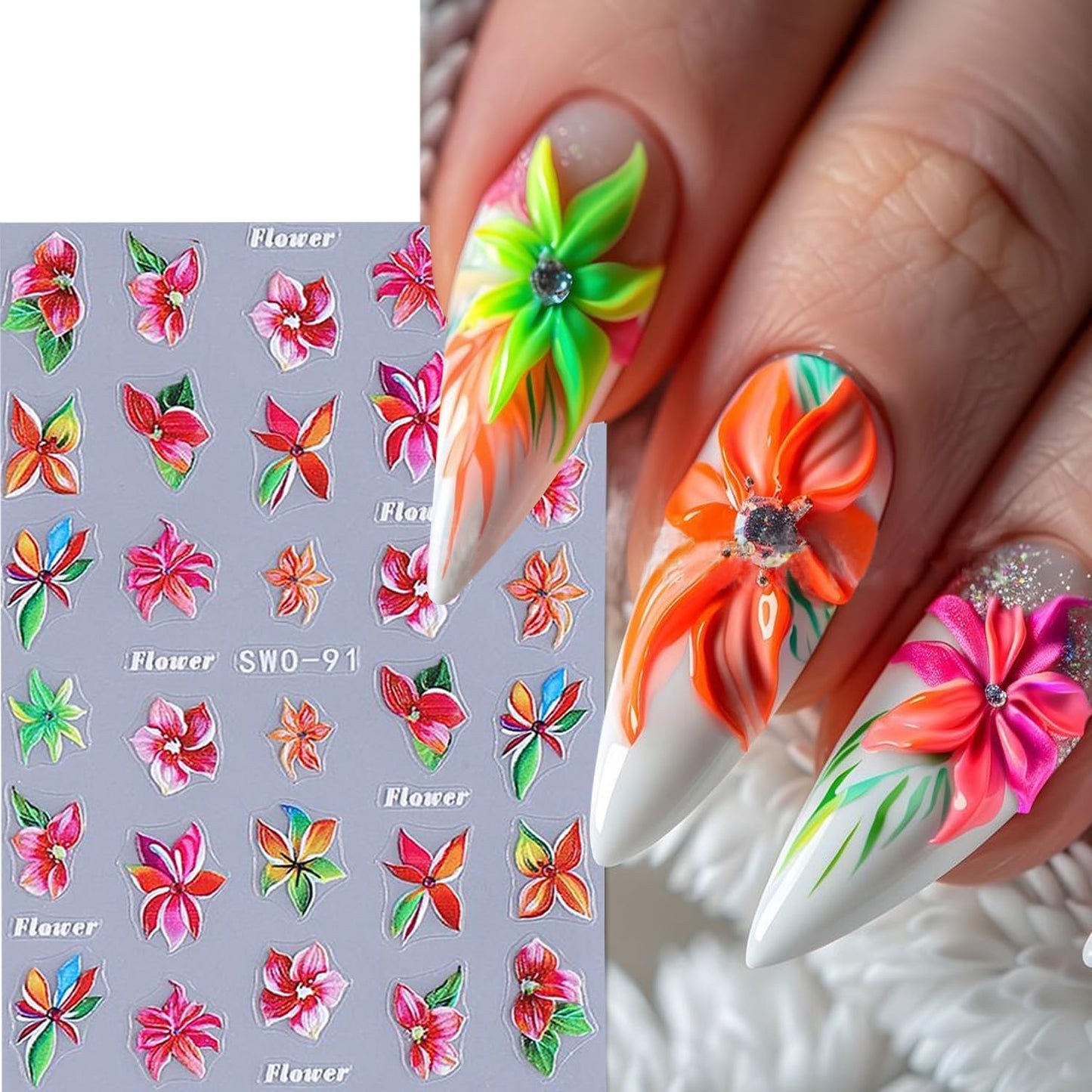 4 Sheets Flower Nail Art Stickers 3D Self-Adhesive Blossom Nails Sticker Spring Nail Art Decals Holographic Daisy Nails Decal Decoration for Women Colorful Flowers Manicure DIY Nail Supplies